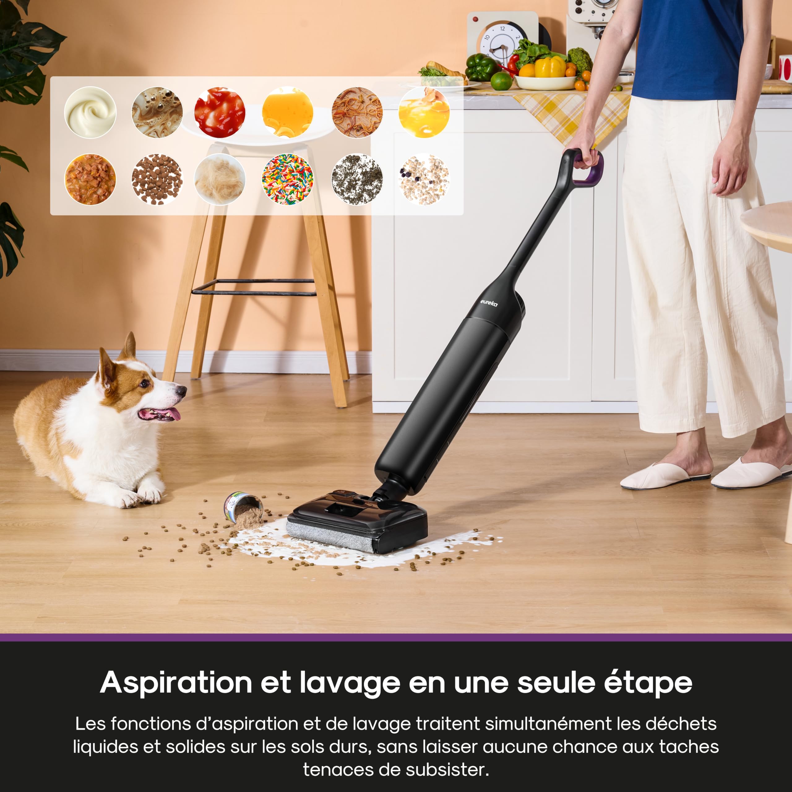EUREKA FloorShine 460 Aspirateur Laveur Inclinaison à Plat 180° Hauteur 11,5 cm, Nettoyage Bords, Auto Séchage, 30 min Autonomie, Aspirateur Laveur Eau et Poussière, Grands Réservoirs, Anti-Emmêlement
