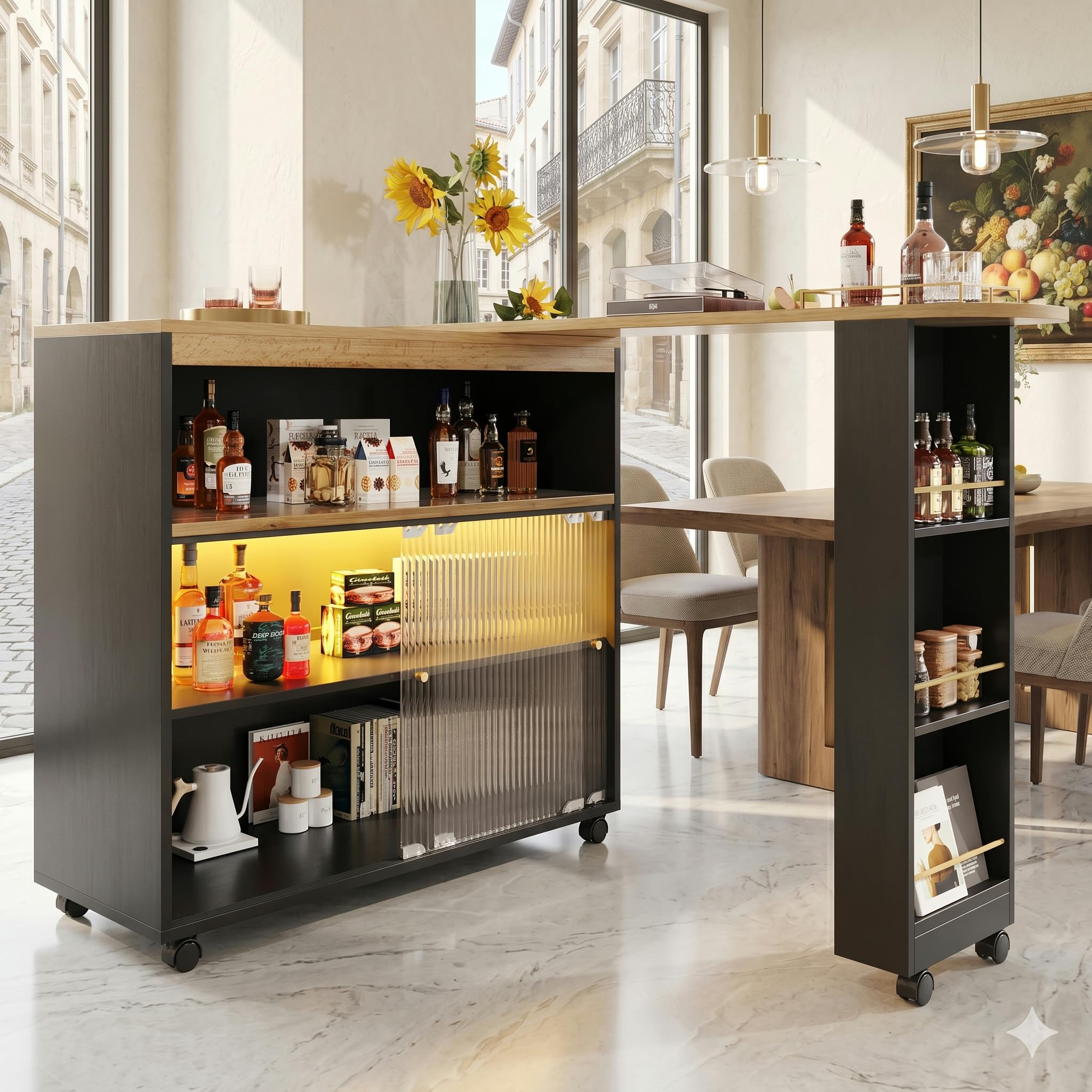 Zepneiy Bar Extensible avec étagère, Bar Mobile Moderne, Bar Extensible avec LED, Table de Bistro, Table de Bar, îlot de Cuisine, Noir (138-204 x 39 x 105 cm)