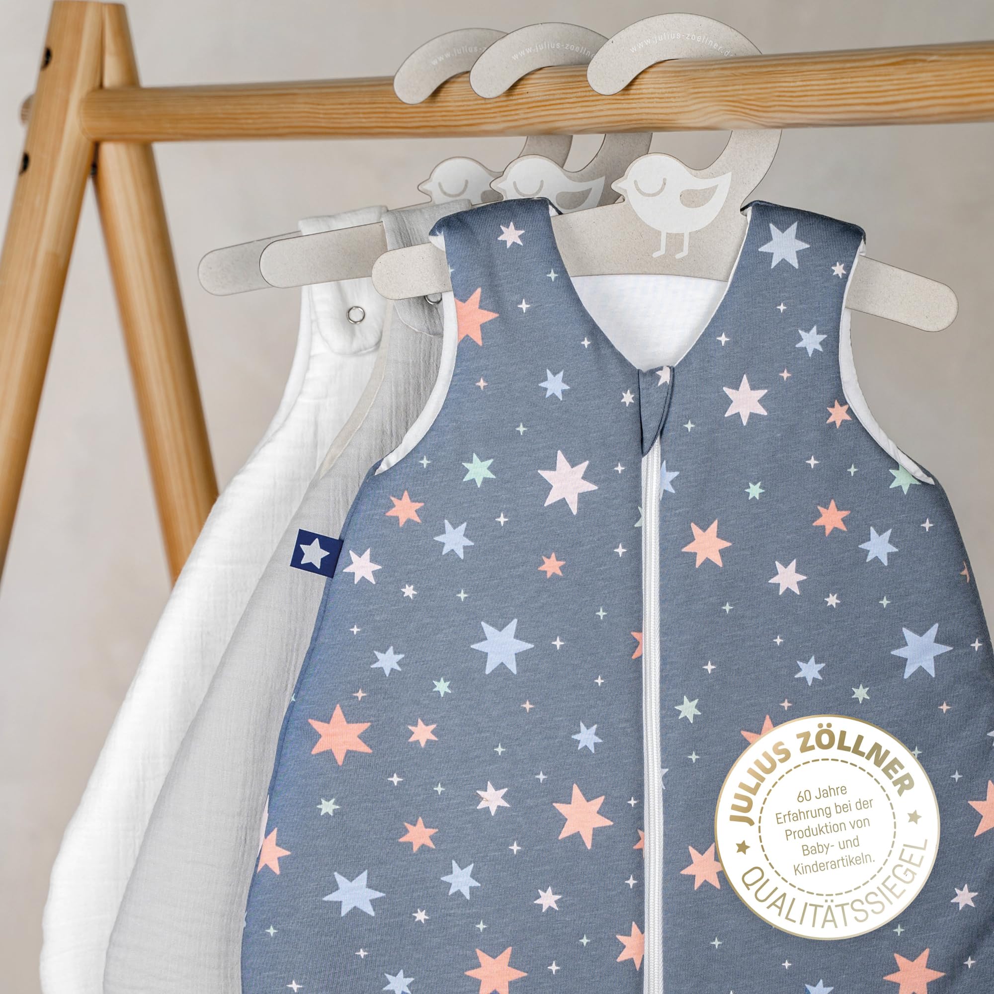 Julius Zöllner Sommerschlafsack Jersey, 0,5 TOG, waschbar bei 60°C, Made in Germany, OEKO TEX Standard 100, Shiny Stars, Gr. 56/62 Baby