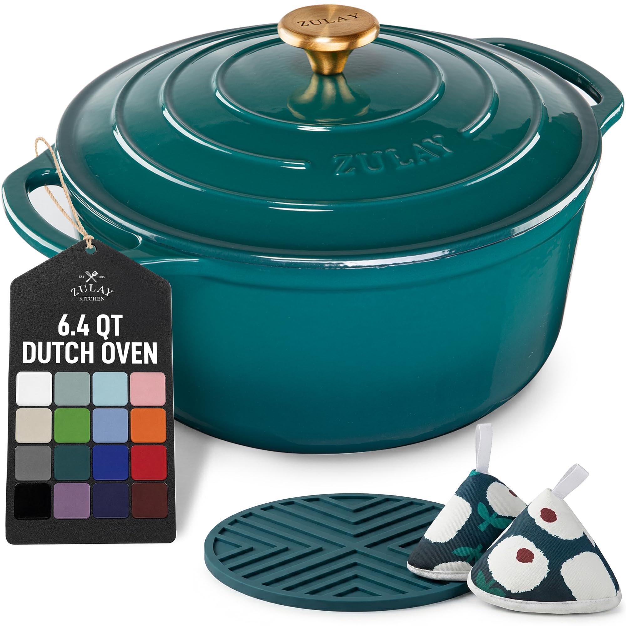 Zulay Kitchen 6.4 Quart Enameled Cast Iron Dutch Oven Pot with Lid, Emerald