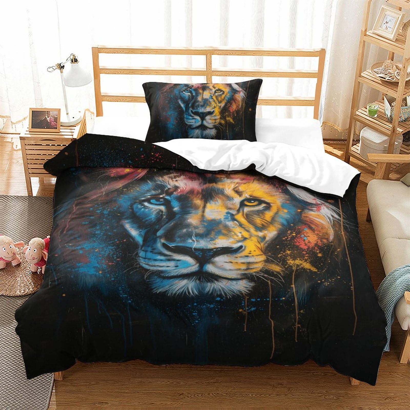 Housse de couette lion 135x200 ensemble de literie microfibre imprimé 3D taie d'oreiller single