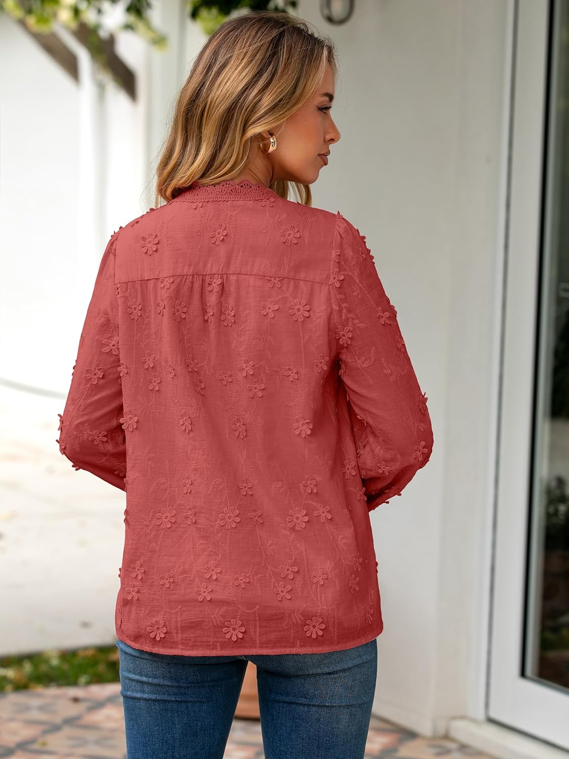 Simplee Womens Dressy Long Sleeve Blouses Casual V Neck Button Floral Lace Embroidered Fall Tops Fashion Shirts - Image 4