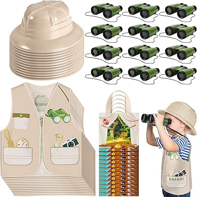 48 Pcs Kids Explorer Costume Set Include Plastic Explorer Hats Jungle Party Vest Safari Tote Bag Adventure Binoculars for Kids Outdoor Activities Jungle Party Supplies Favors Halloween Costume Party