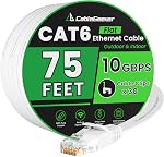 Cat 6 Ethernet Cable 75 ft White, Flat Cat6 Internet Network Cable, High Speed 10Gbps Computer Cord with 30 Clips & 4 Straps, RJ45 LAN Patch Cord for Outdoor, Indoor, Modem, Router, PS4/5