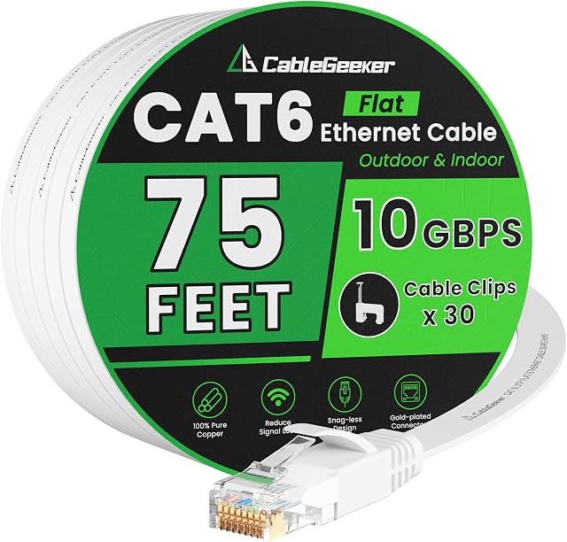 Cat 6 Ethernet Cable 75 ft White, Flat Cat6 Internet Network Cable, High Speed 10Gbps Computer Cord with 30 Clips & 4 Straps, RJ45 LAN Patch Cord for Outdoor, Indoor, Modem, Router, PS4/5