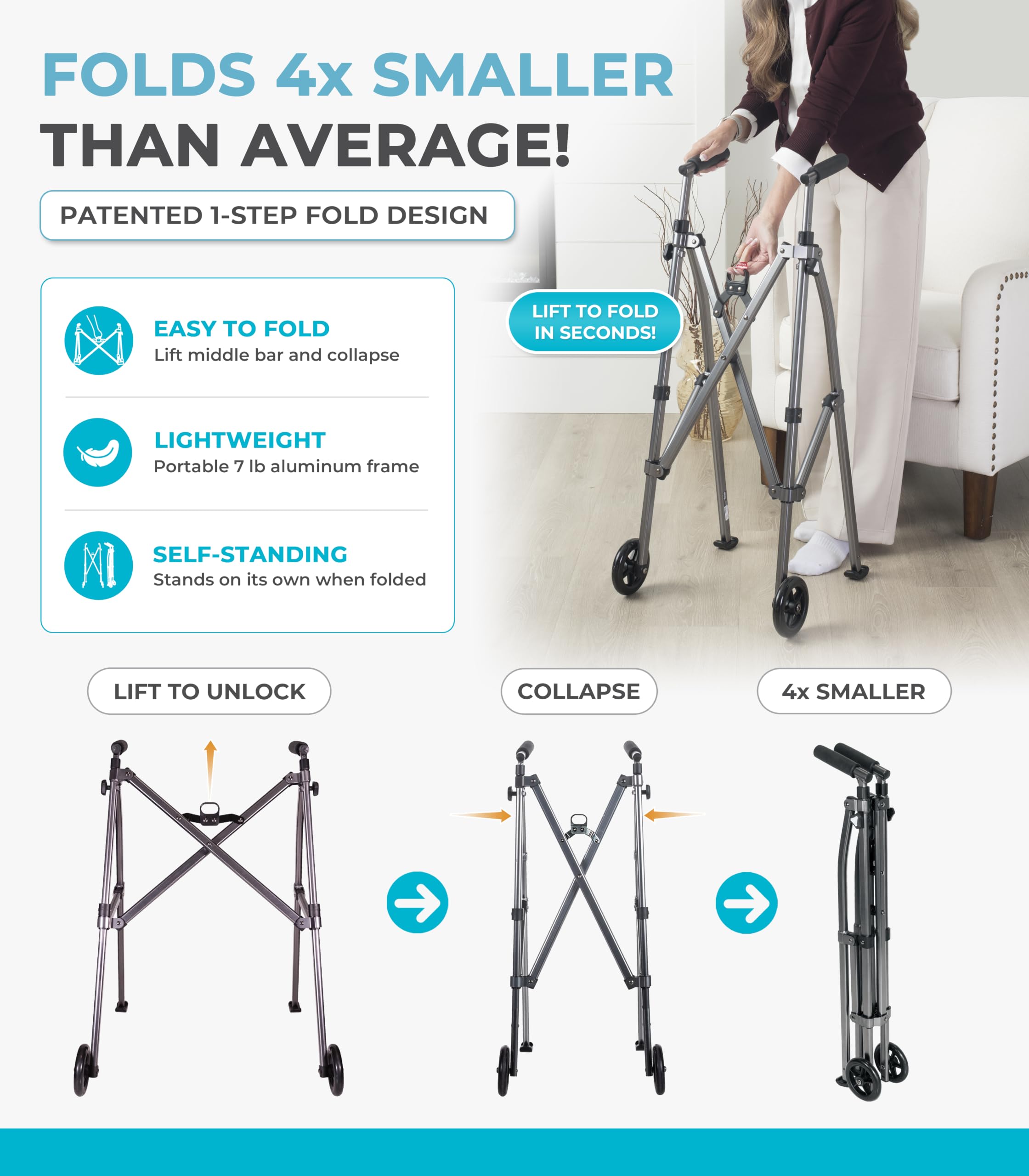 Stander Wonder Walker with 5-inch Wheels, Lightweight Folding Walker for Adults, Seniors, and Elderly, Collapsible Travel Walker, Ski Glides for Mobility Support, Compact, Black Walnut — Amazon image 3