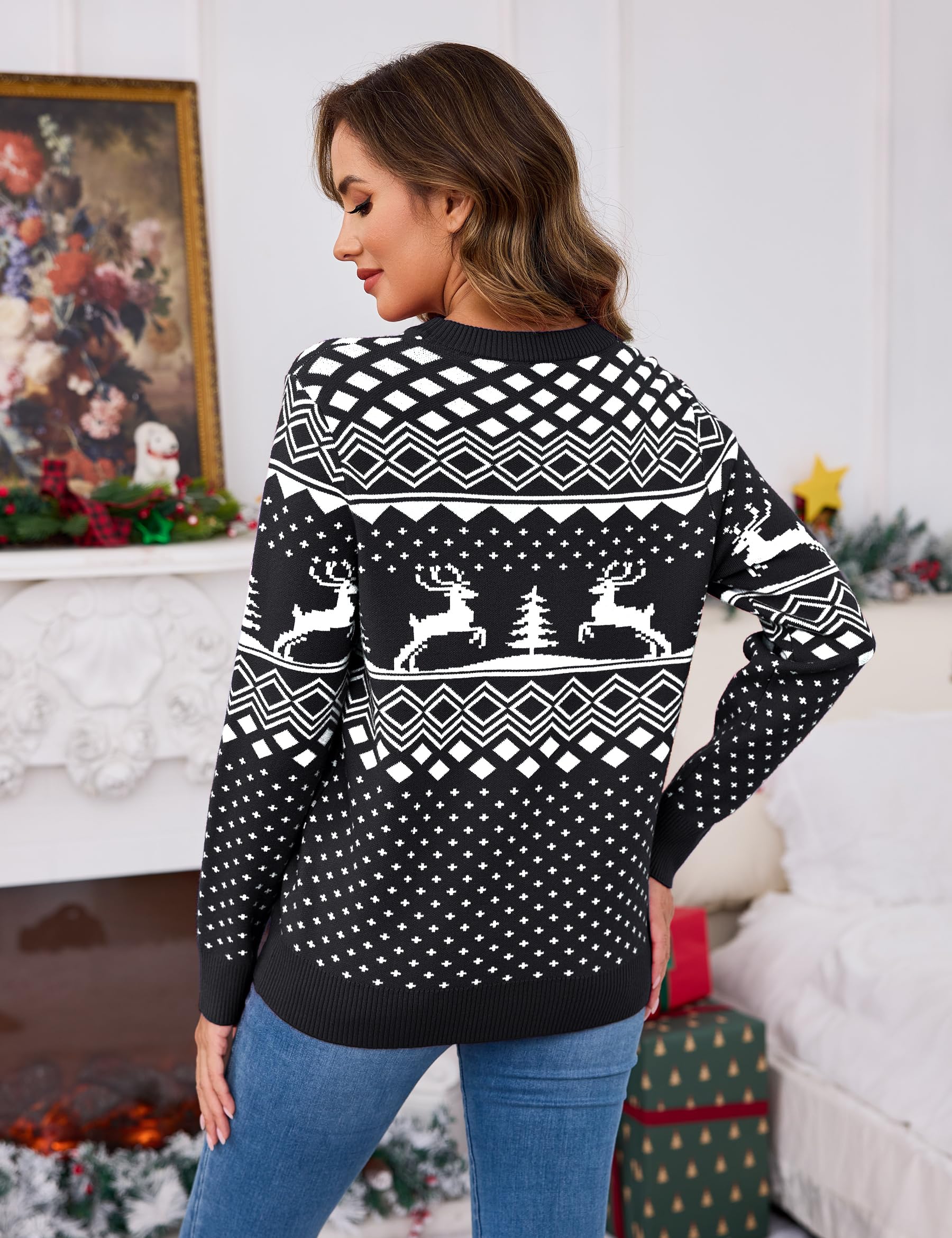 Pull de Noël Femme en Maille Motif Renne | Motif renne et sapin, col rond et manches longues pour les fêtes, les soirées d’hiver et les cadeaux de Noël.