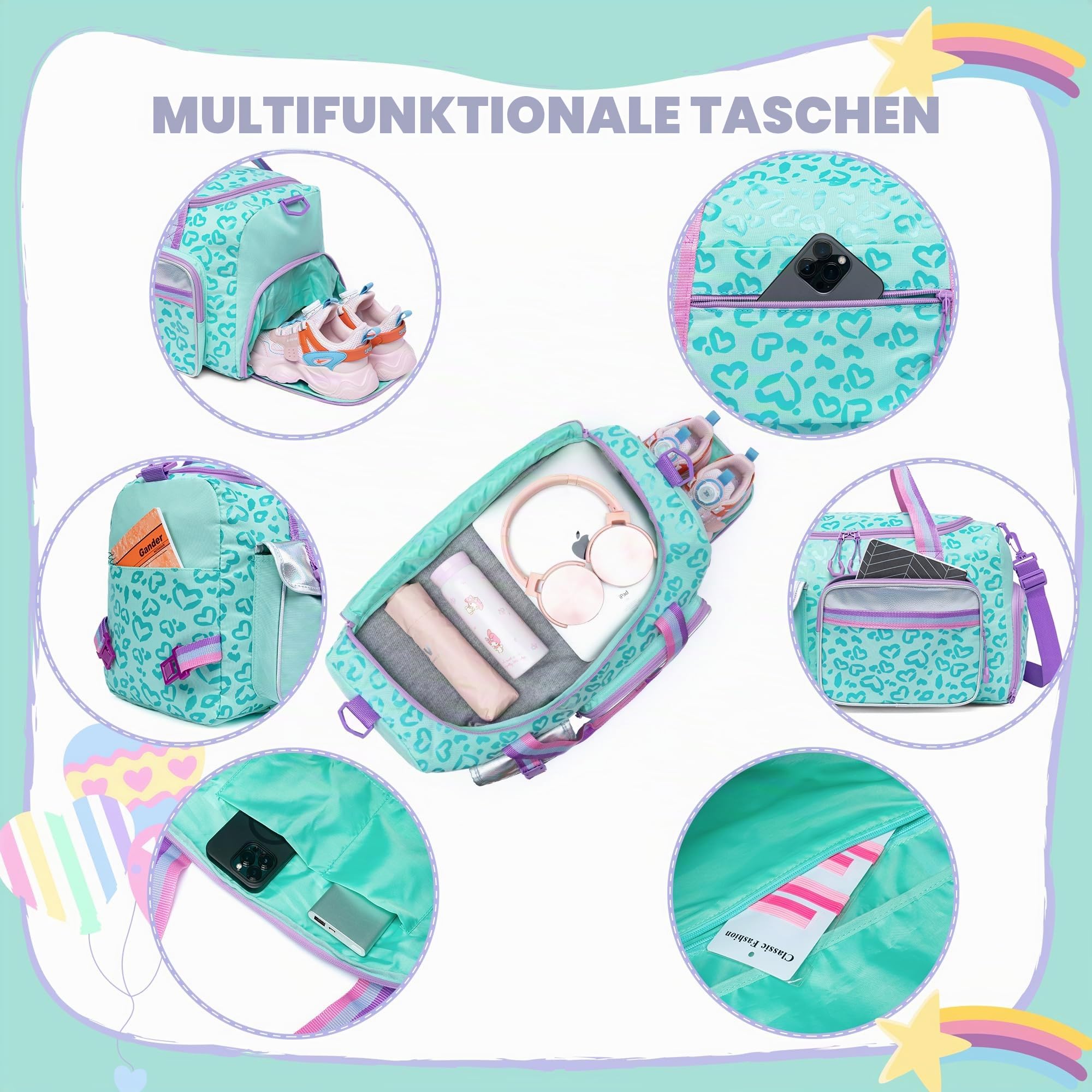 Reisetasche mit Rollen für Kinder, Rolltasche mit Rollen und Griff, mit Make-up-Tasche, Reise-Kulturbeutel, Grün/Love