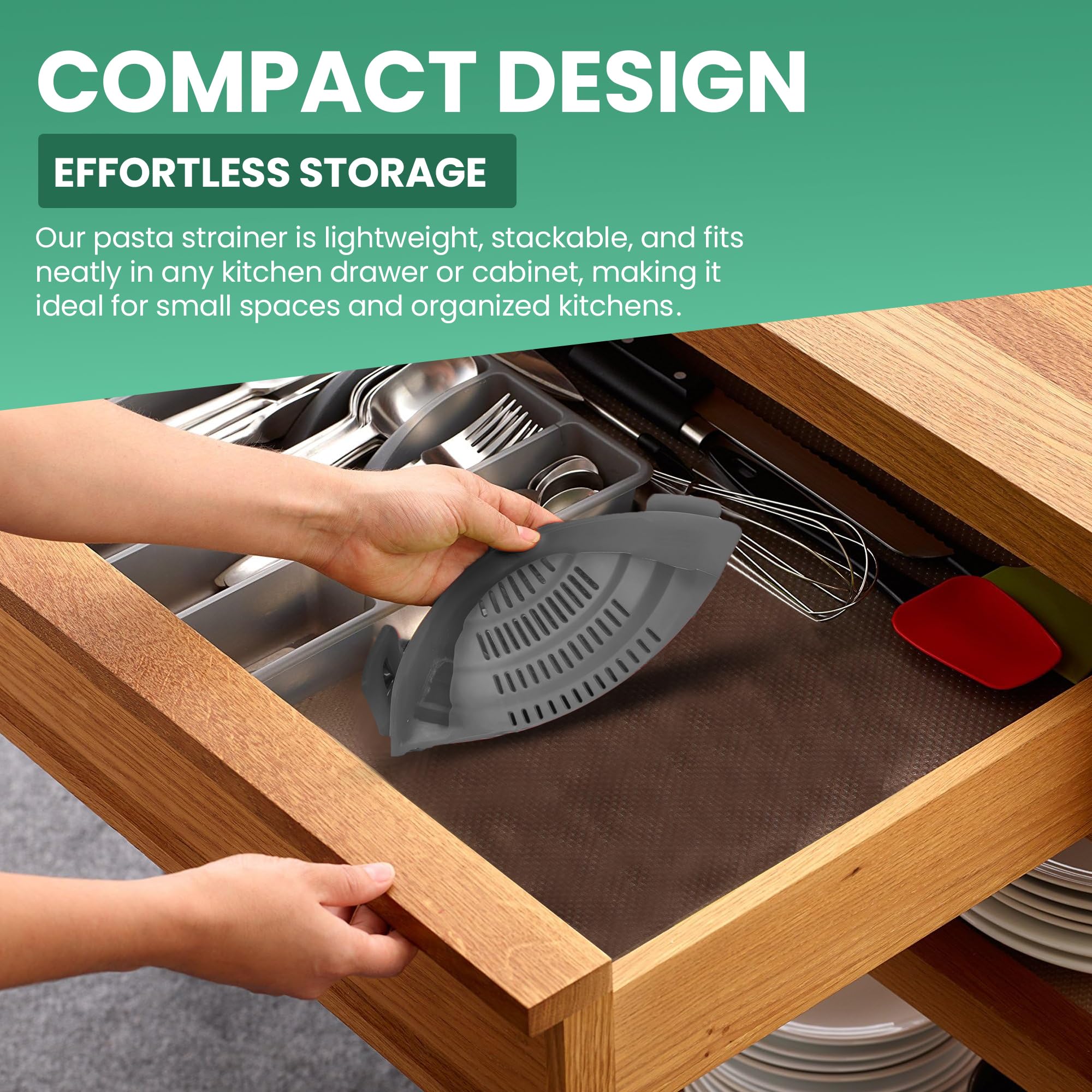 Colador de pasta con clip para ollas y sartenes, colador resistente al calor para verduras y fideos, diseño que ahorra espacio, sin BPA, apto para lavavajillas, ajuste universal (gris) 7