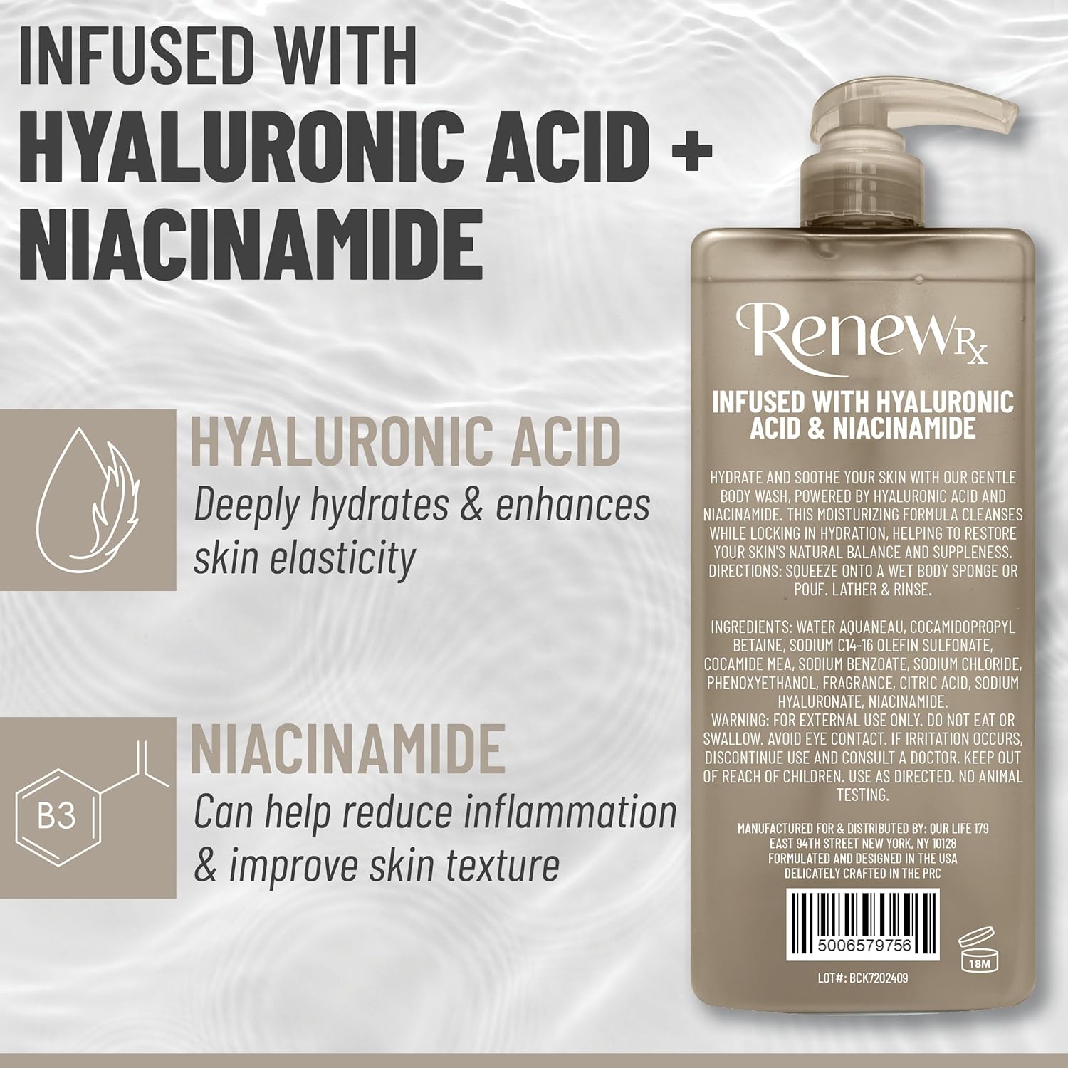 Hyaluronic Acid + Niacinamide Body Wash – Hydrating Skin Care Cleanser for Brightening & Skin Perfecting, Vegan Skincare, 32 fl oz - Image 2