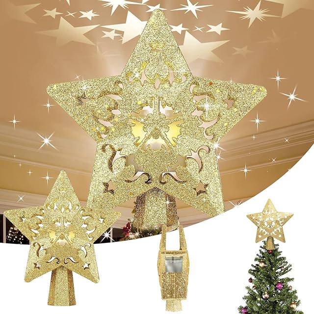 Christmas Tree Topper, Lighted Snow Tree Topper with LED Rotating star effect, 3D Glitter Snowflake Decorations Projector for Indoor Outdoor Christma Tree Decor Decorations (Gold)