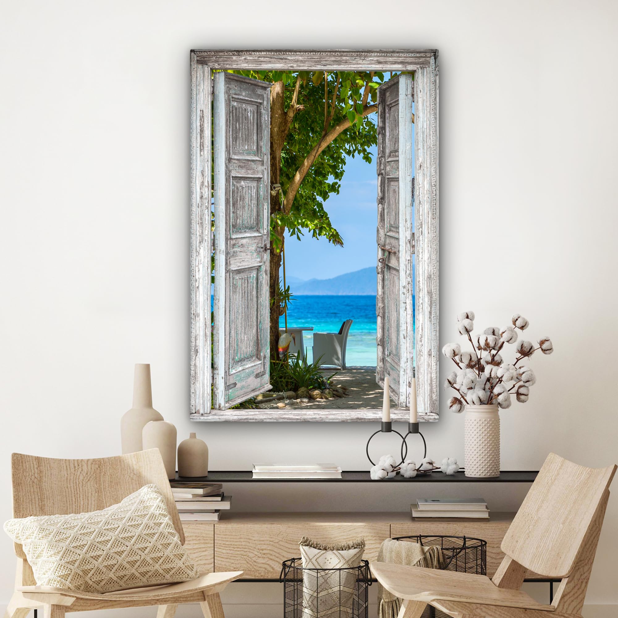 MuchoWow© Laminas Cuadros de Salon para Dormitorio 80x120 cm Lienzos Decoración Pared Cuadro Habitacion Decoracion Playa - Tropical - Mar - Vista desde la ventana