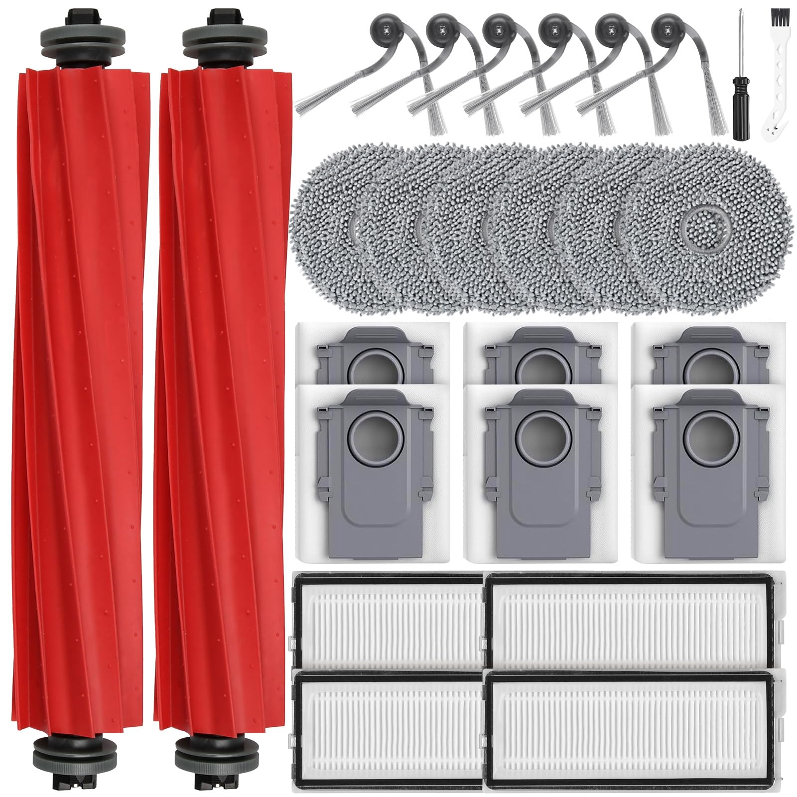 26 Stück Zubehör für Roborock QV 35A/QV 35S / QR598 / QR798 Saugroboter, 2 Hauptbürste, 6 Staubbeutel, 6 Wischpads, 4 HEPA-Filter, 6 Seitenbürsten, 1 Reinigungsbürste, 1 Schraubendreher