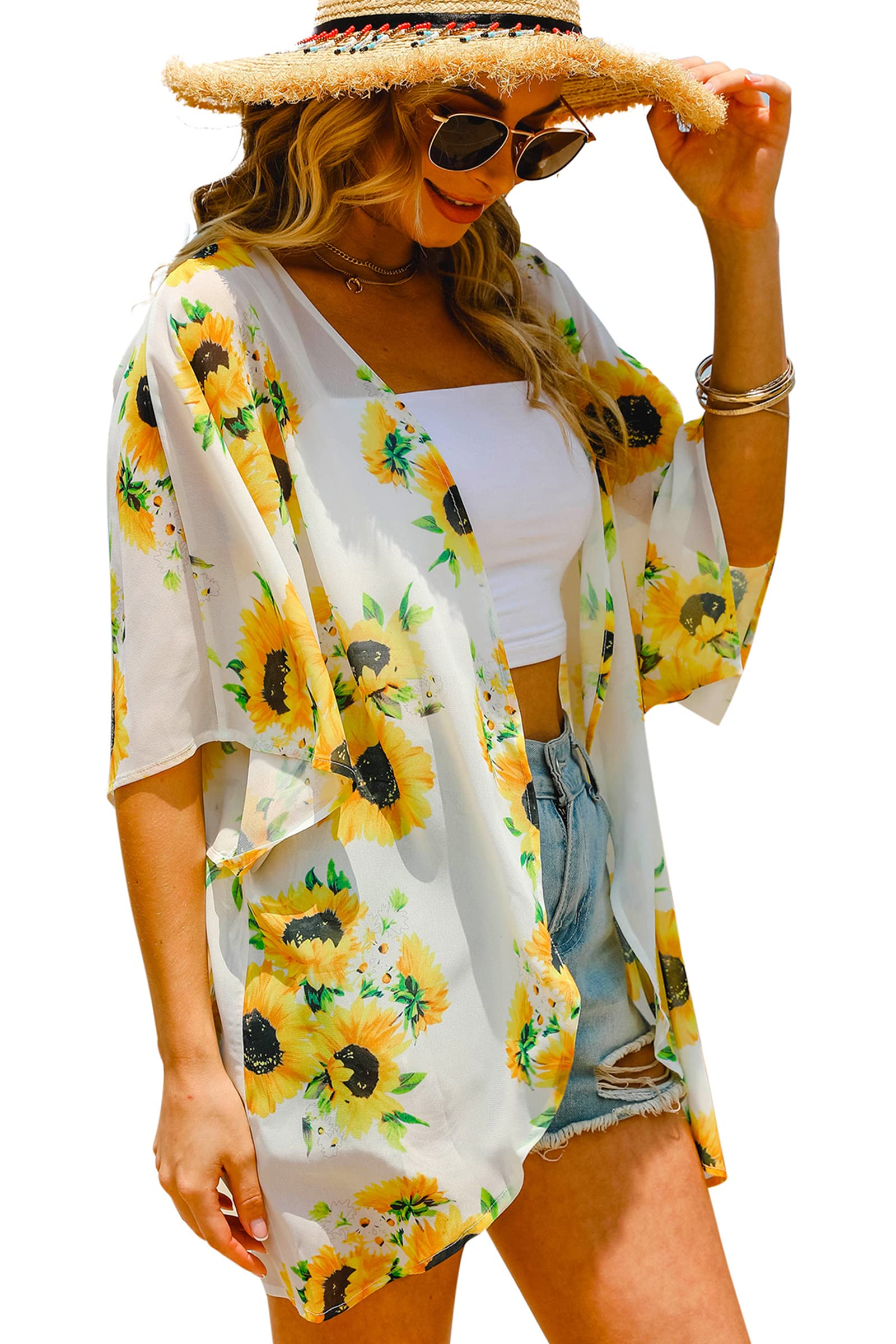 Hibluco Cárdigan tipo kimono floral para mujer, informal, de gasa, holgado, para la playa