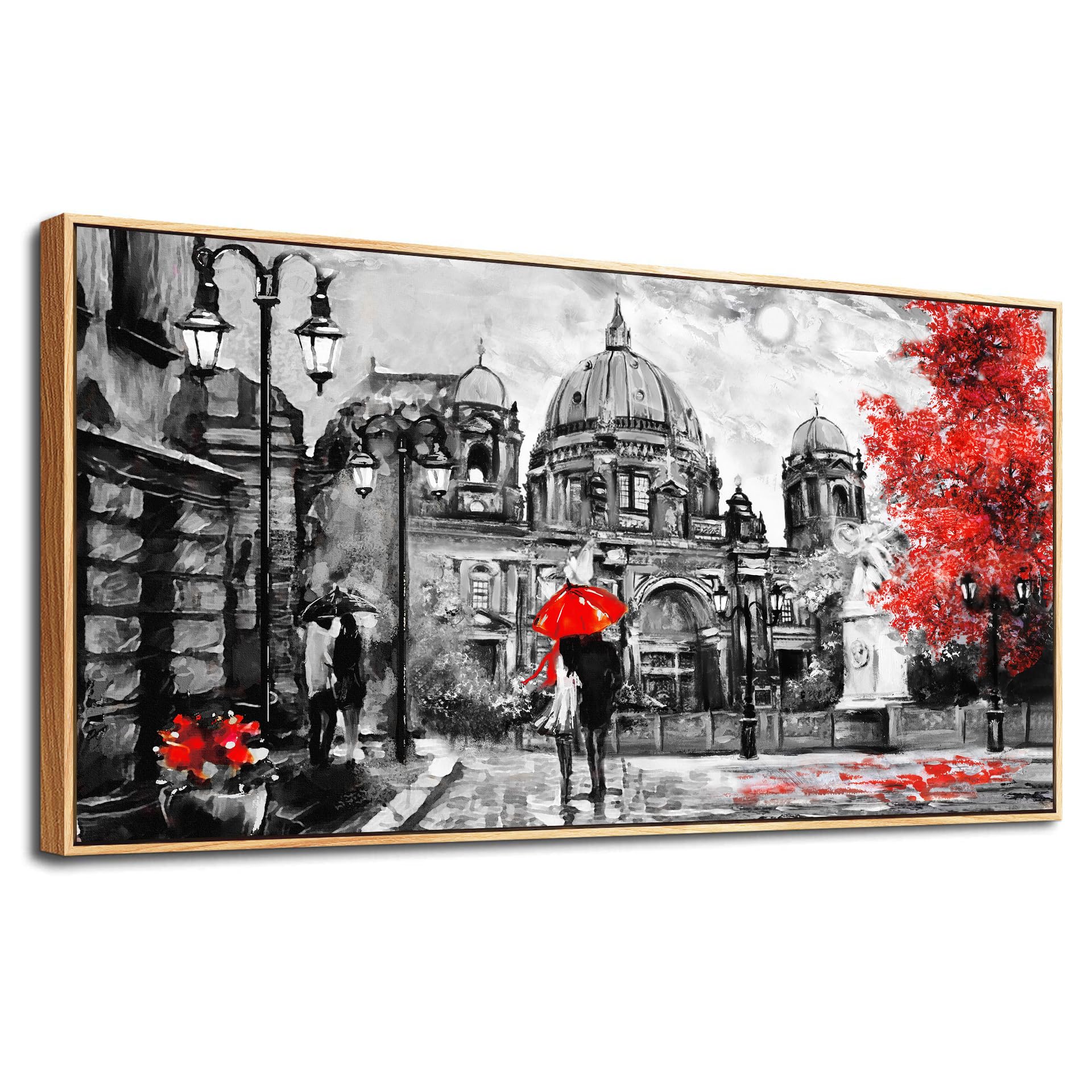 Black And White Buildings And Lovers Holding Umbrellas Under Street Lamps Canvas Art Print Artwork Wall Art For Living Room Large Size Wall Decor，Modern Home Decor Watercolor Wall Paintings Decoration