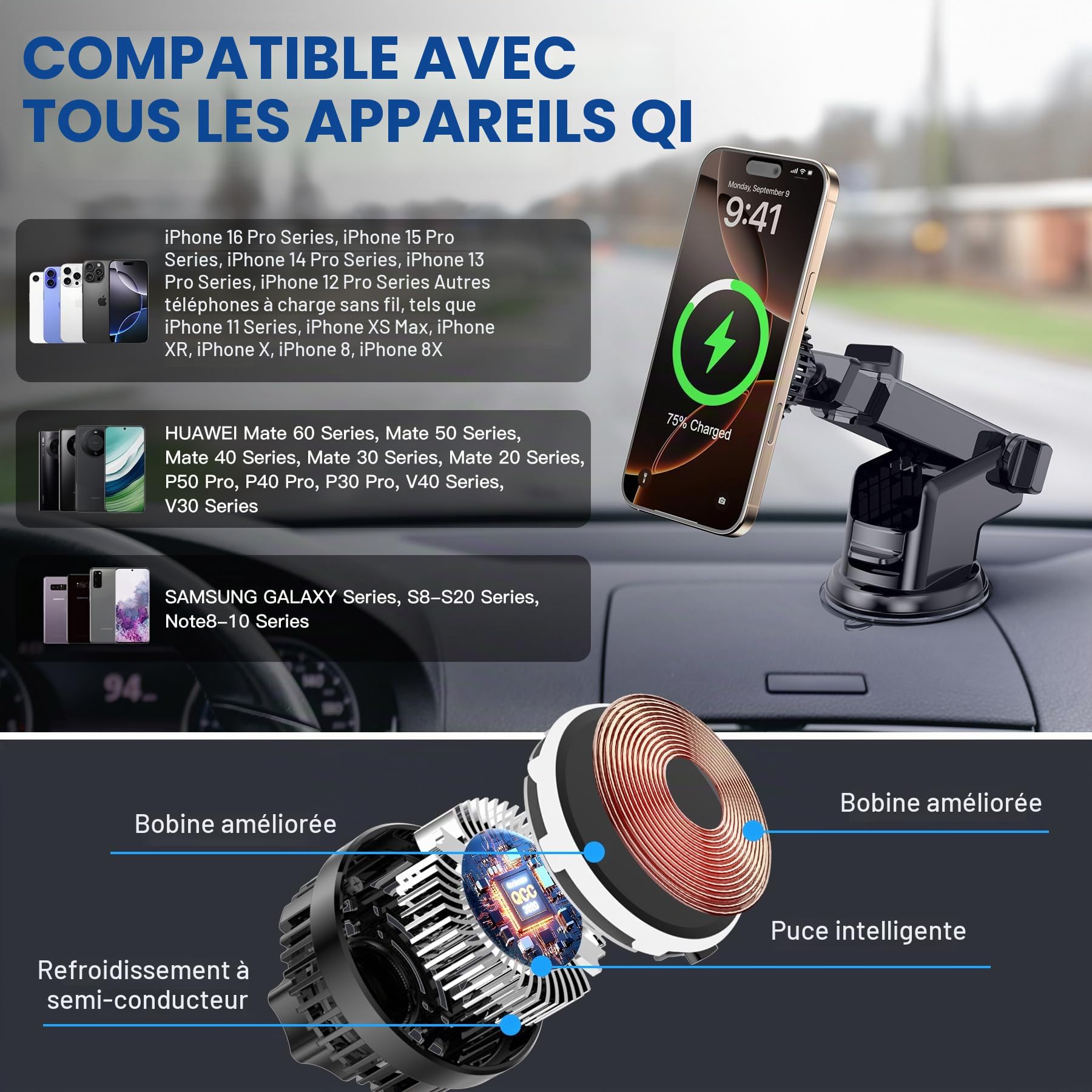 SERUW Support magnétique de chargeur de voiture sans fil 15 W, technologie de réfrigération semi-conductrice, support de téléphone pour grille d'aération et tableau de bord, compatible avec iPhone et