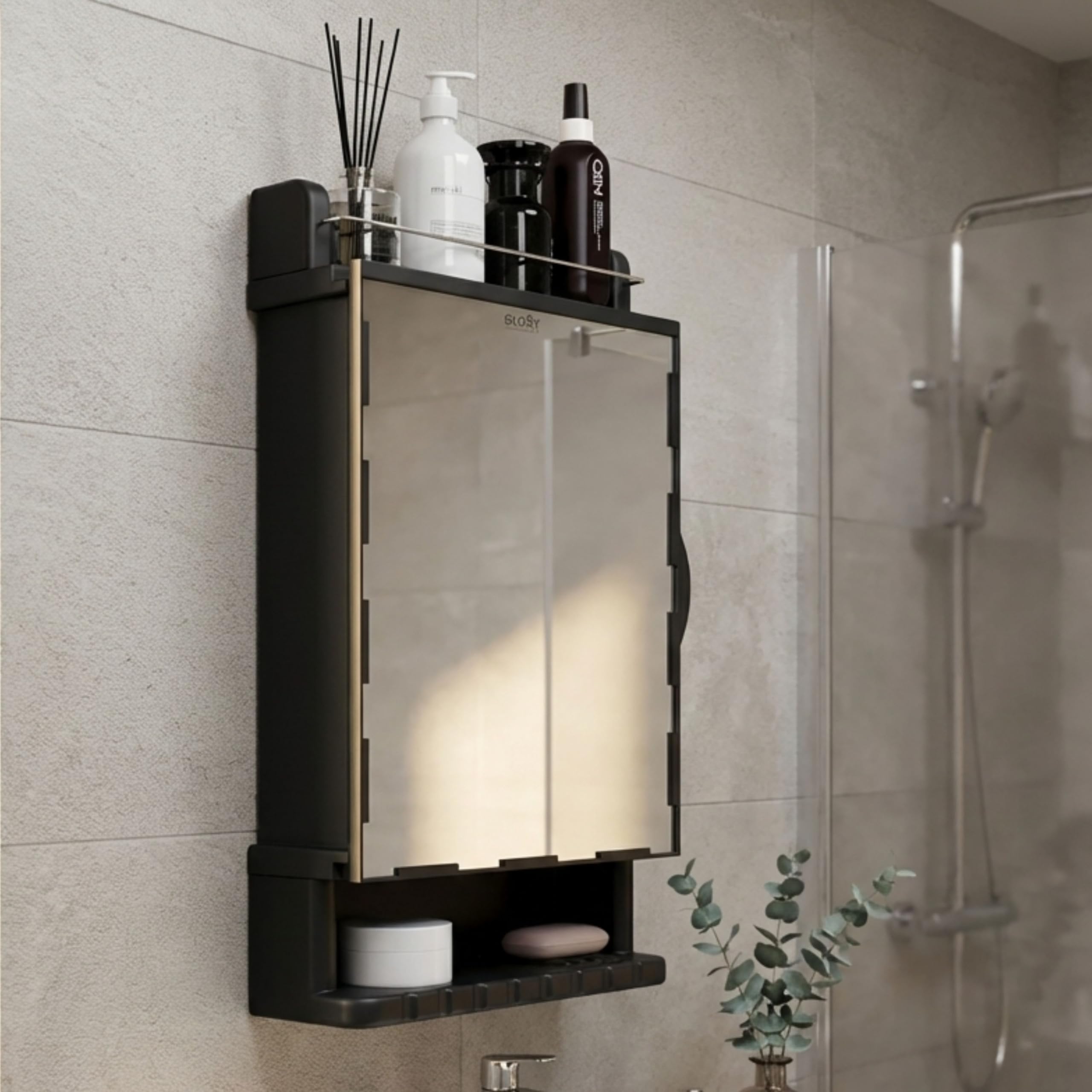 GLOXY Bathroom Organiser with Mirror Cabinet - Black | Acrylic Unbreakable Wall Mount Premium Bathroom Cupboard with Multi Compartments | Home Decore Bathroom Accessories | Set of 1-image-23