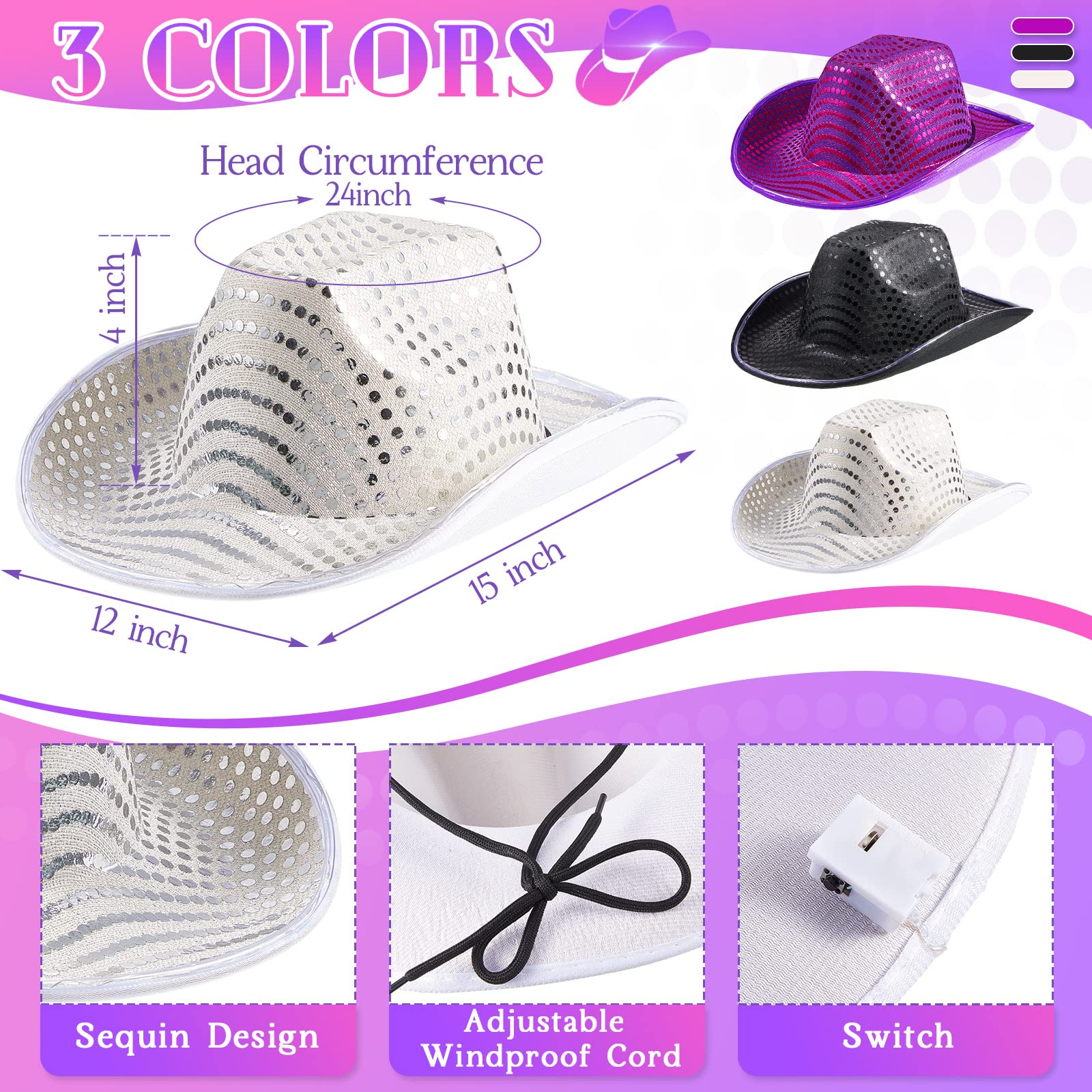 6 Stück LED Cowgirl Kostüm Zubehör Halloween Party Kostüm Rosa Cowboy Hut Weltraum Cowgirl Hut mit Herz Brille Bulk Cowboy Hüte Weiß Cowboy Hüte für Mädchen Frauen Geburtstag Halloween Leuchtparty,