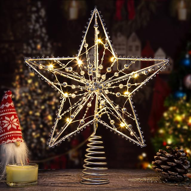Christmas Tree Topper Stars Decorations with 10 Warm LED Lights Delicate Beads for Festive Parties Regular Size Christmas Tree Ornaments , Indoor Home Decor (Silver)