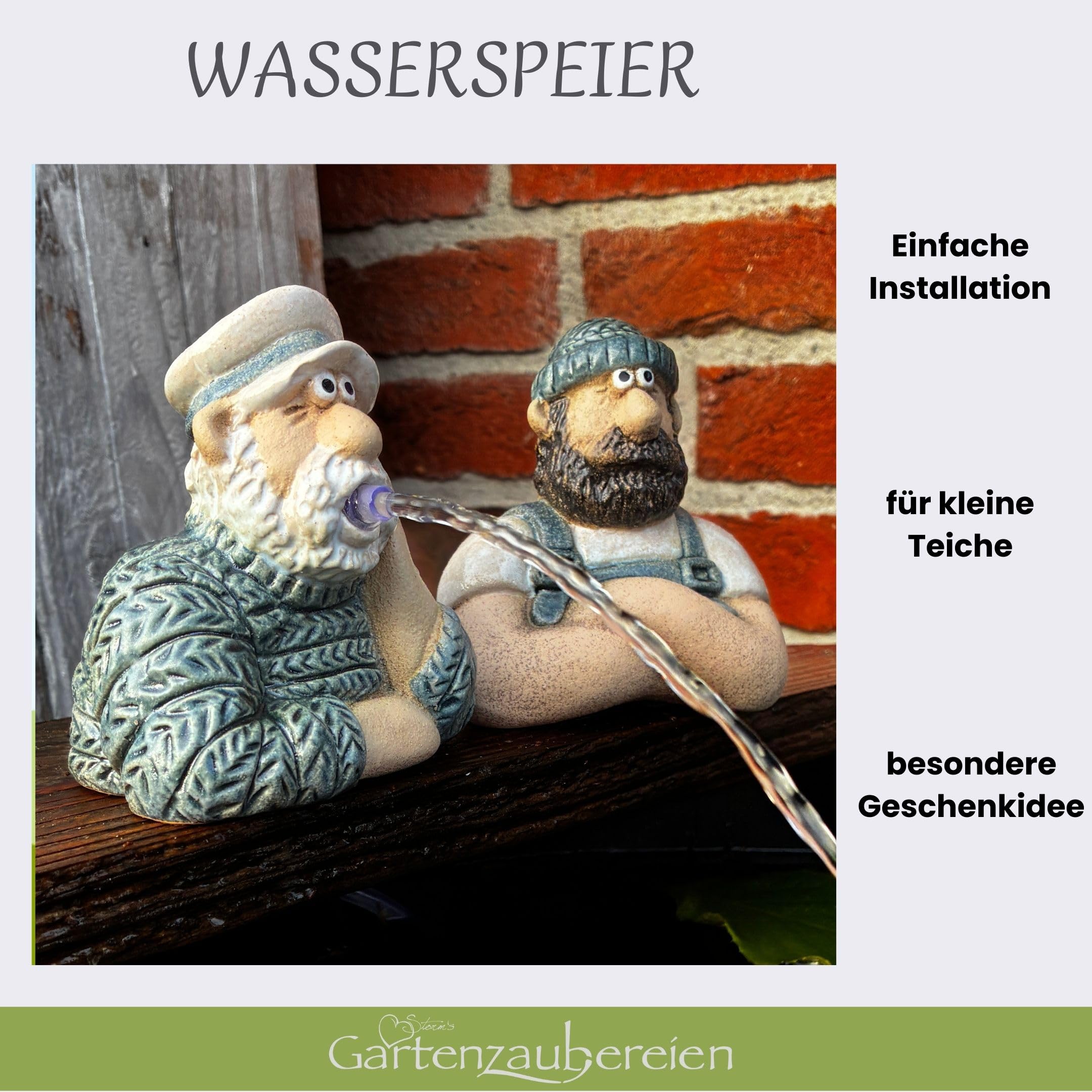 Storm's Gartenzaubereien Wasserspeier Seemann Set aus Keramik - 2er Set Matrosen Figuren in Strick-Optik - Maritimes Wasserspiel für Miniteich Garten/Balkon - Energieeffizient mit 1.8m Kabel