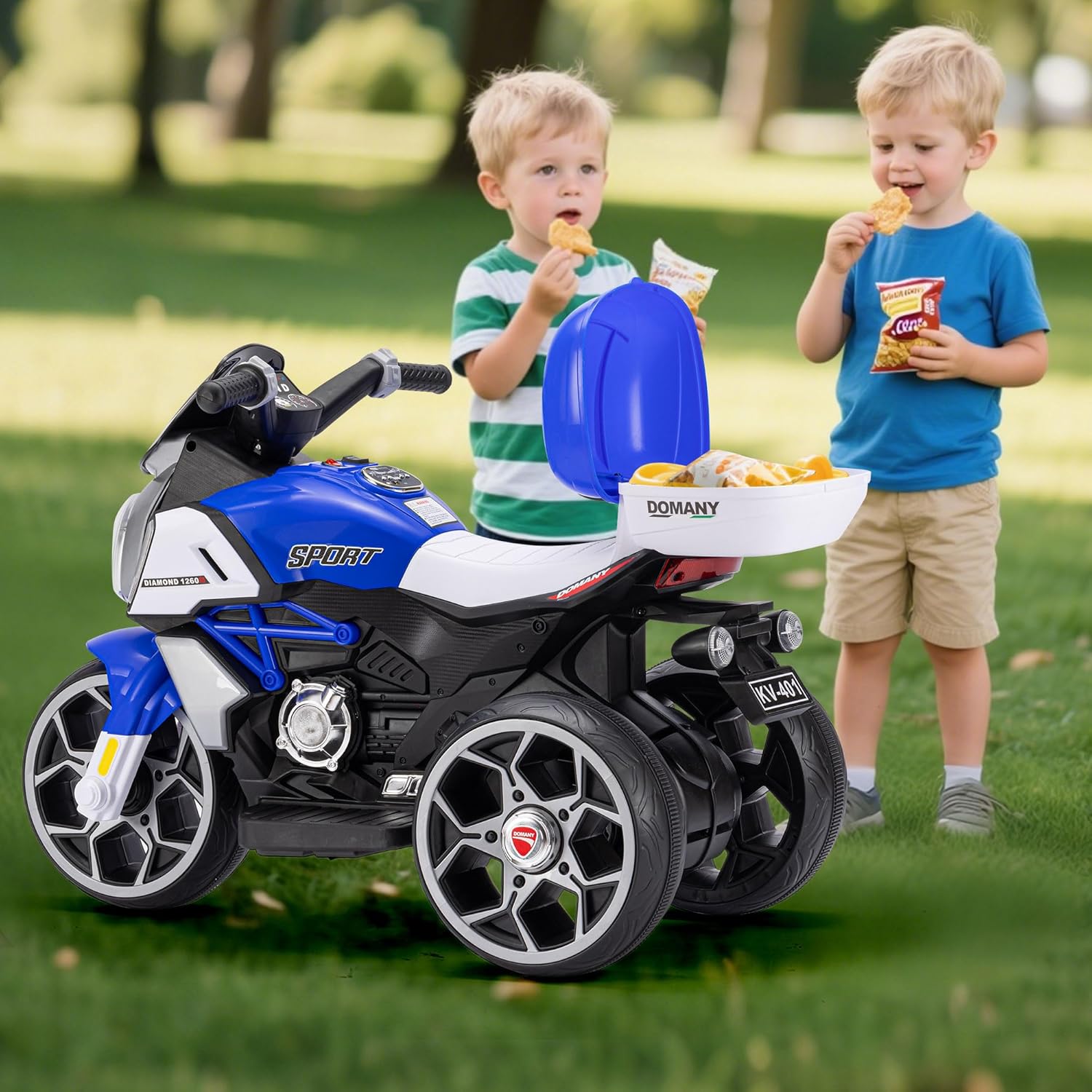 Kids Motorcycle, 6V Battery Powered Ride on Toy Ages 3-8, Electric Toddler Motorbike w/Horn, Music, Headlight & Storage Box, 3-Wheel Motorcycle for Boy and Girl, Indoor/Outdoor, Blue