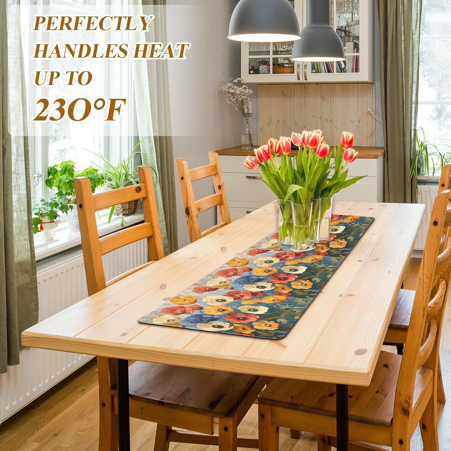 Flower Trivet Table Runner 40 Inches Long Vibrant Retro Flowers Heat Resistant Hot Pad Multi Purpose Mat for for Hot Pots Pans Kitchen Countertops