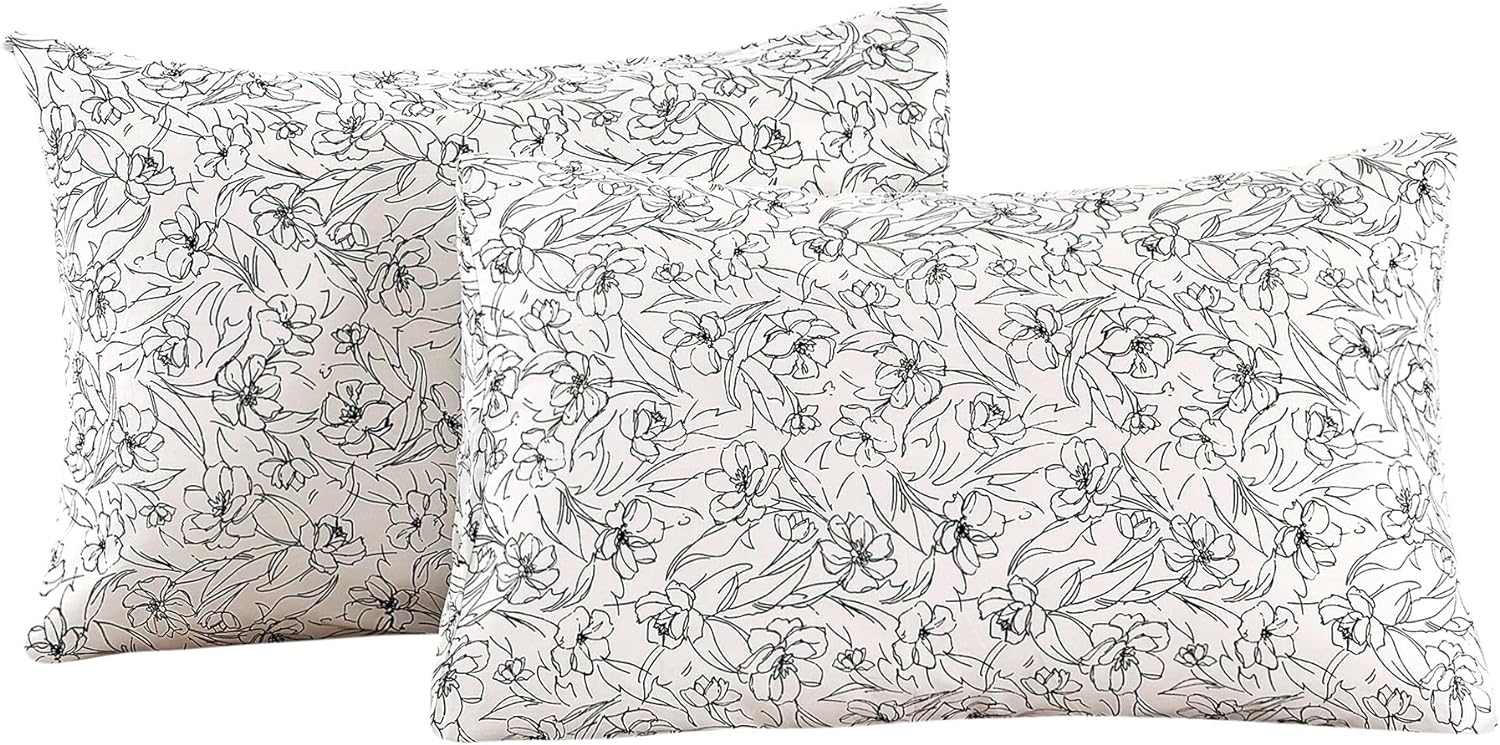 ECOCOTT 2 Pack Pillowcase King Size with White & Black Floral Pillow Cases Set, 100