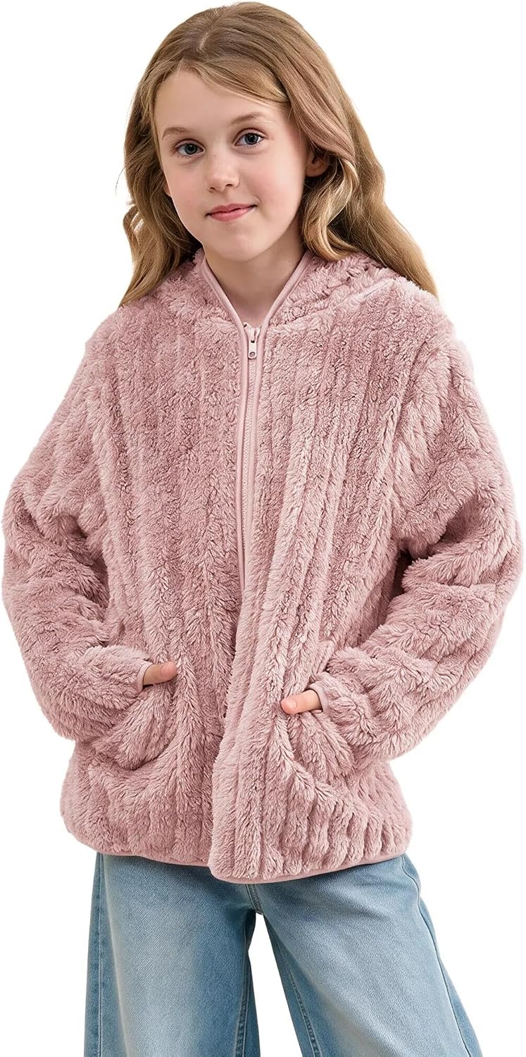 Girls Zip Up Hoodie Fall Fleece Lightweight Jacket for Kids Winter Fashion Sherpa Coat with Pocket