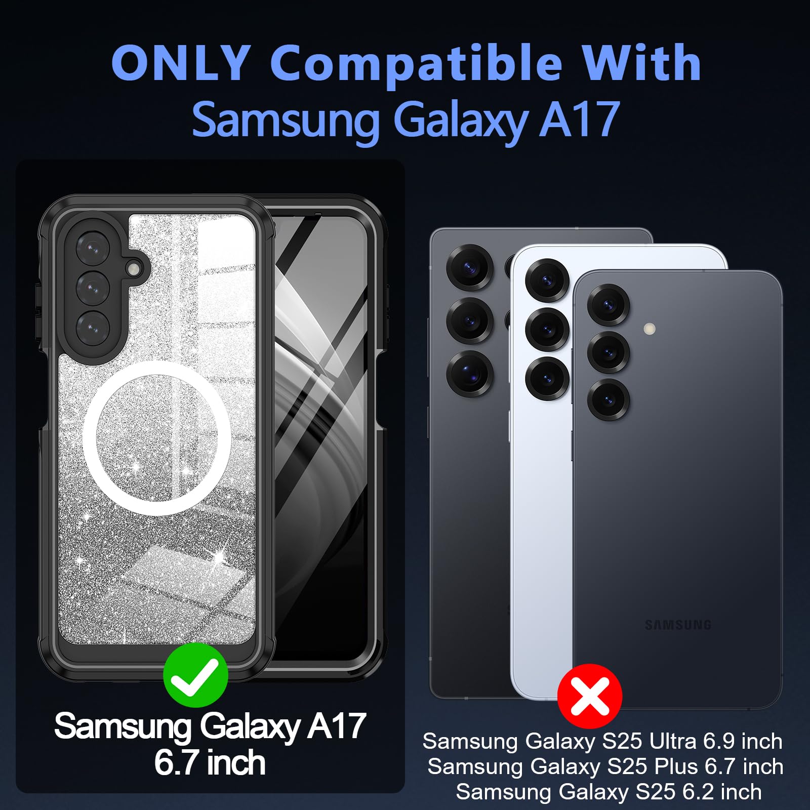 Funda para Galaxy A17 5G, compatible con MagSafe, funda magnética con purpurina integrada con protector de pantalla de vidrio templado 9H, funda protectora a prueba de golpes para Samsung