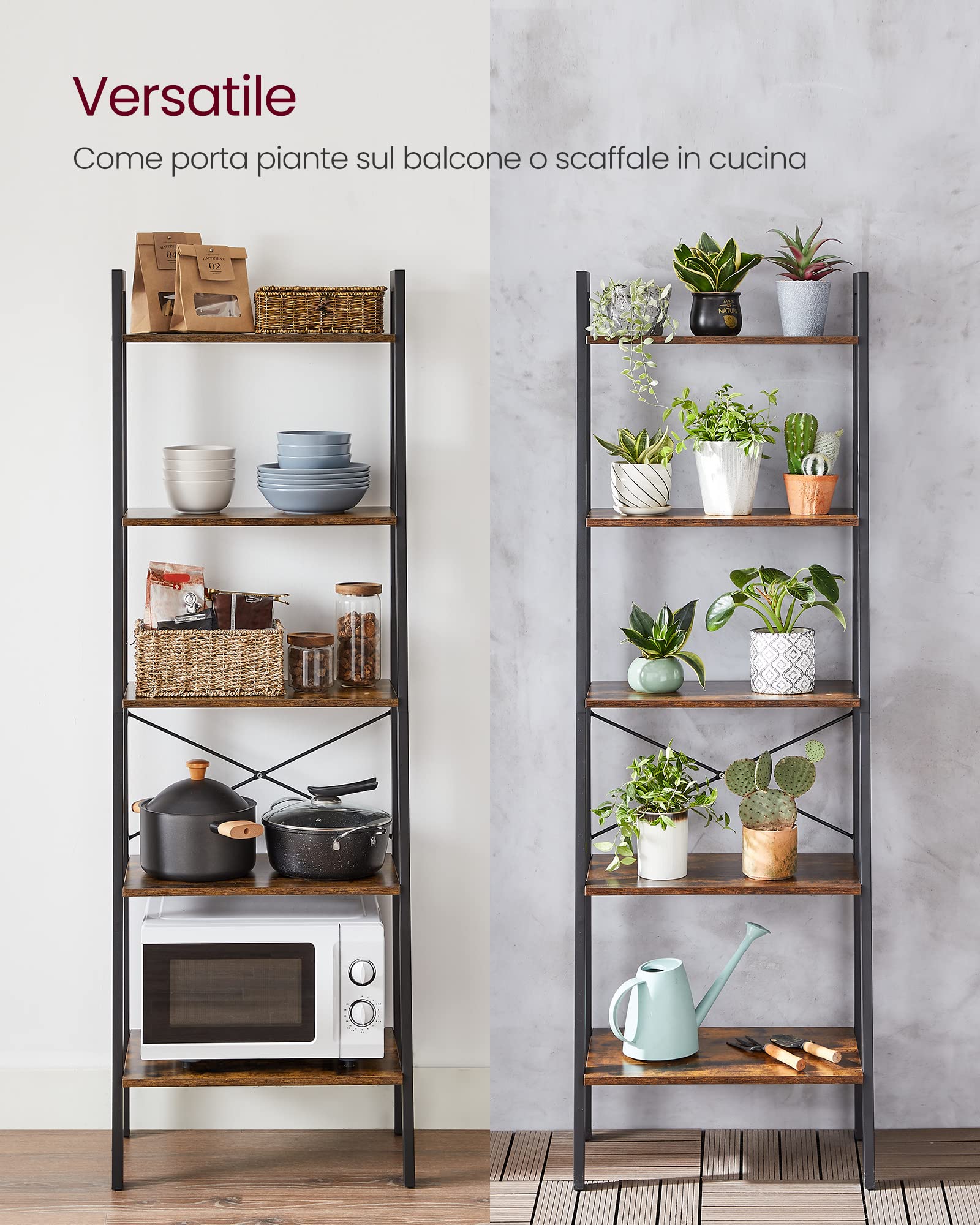 VASAGLE Scaffale a Scala, Libreria a 5 Ripiani, Mobile Portaoggetti con Struttura in Metallo, per Soggiorno, Camera da Letto, Cucina, Nero e Marrone Scuro LLS45X