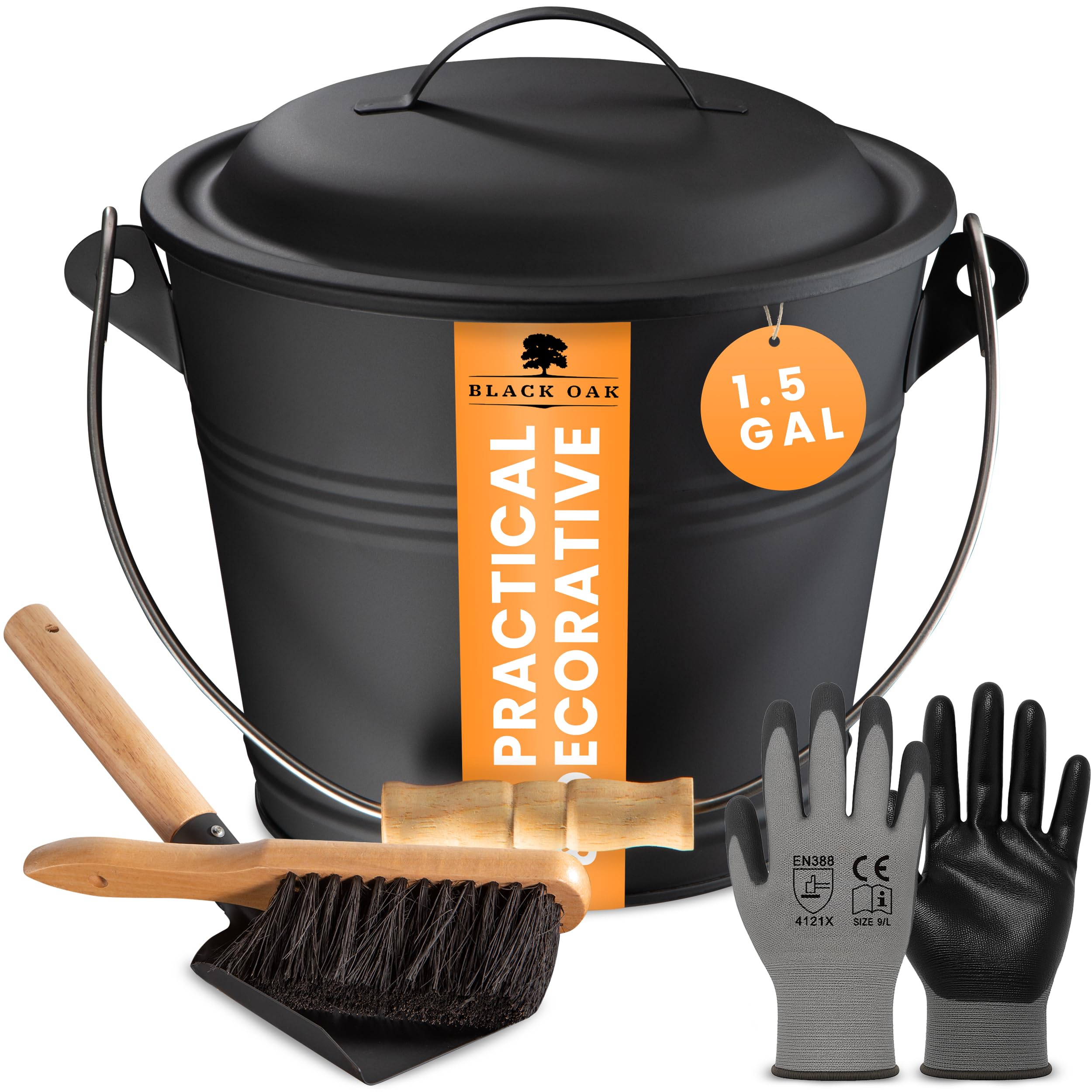BLACK OAK Ash Bucket Piton 1.5 GAL - Black with lid with Wooden Handle + Brush + Shovel & Gloves - 5L Large Steel Fireproof Galvanized & Powder-Coated