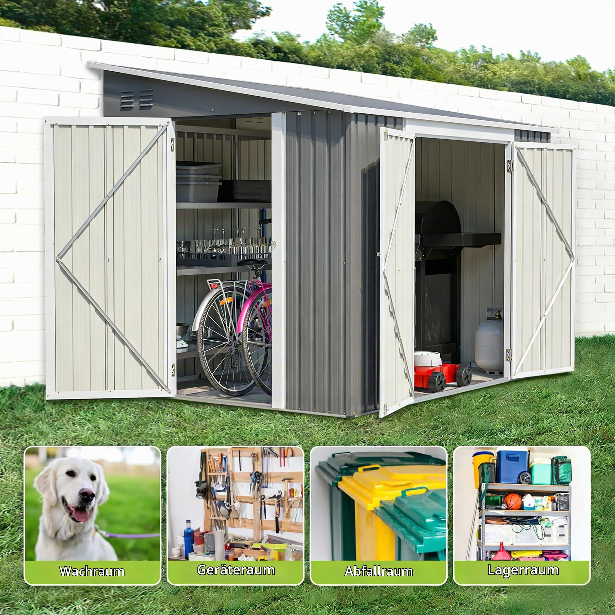 Metall-Geräteschuppen 1,8x2,4m mit Boden, Doppeltür, wasserfest, Garten
