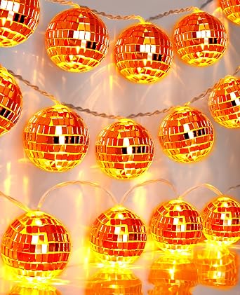 AceList Orange Disco Ball Decor 20 LED 9.8Ft String Light - Battery Powered and USB Plug, Fall Decor for 70s Party Decorations and Bachelor Birthday Parties, Mamma Mia
