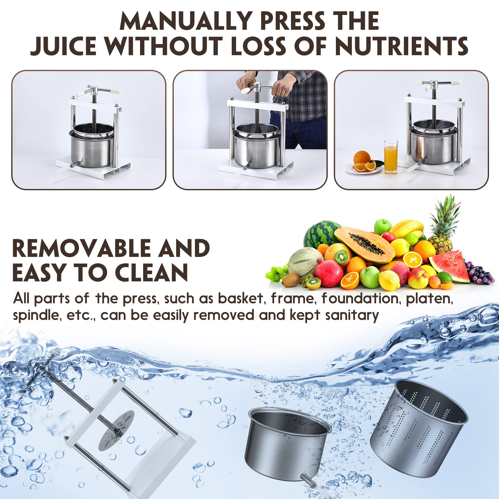 Aufun prensa de frutas 5L cesta de acero inoxidable, prensa de frutas prensa de vino 430 de acero, prensado de uvas, frutas, carne, hierbas, grasa, queso vegetal (5L)