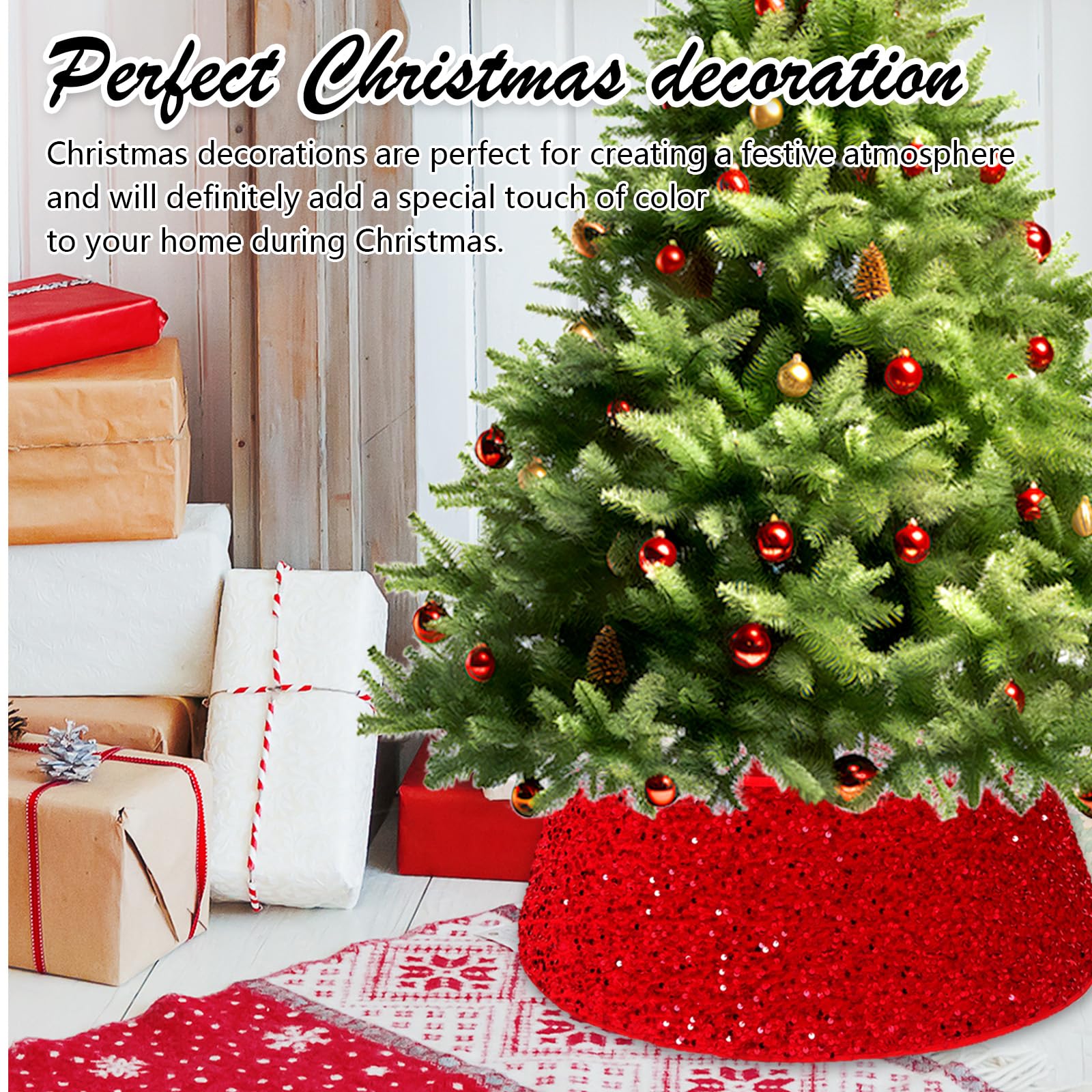Gonna Per Albero Di Natale 60 cm - Decorazioni Glitter Rosso, Collare e Base Per Cestino - Copertura Per Feste a Casa e Vacanze