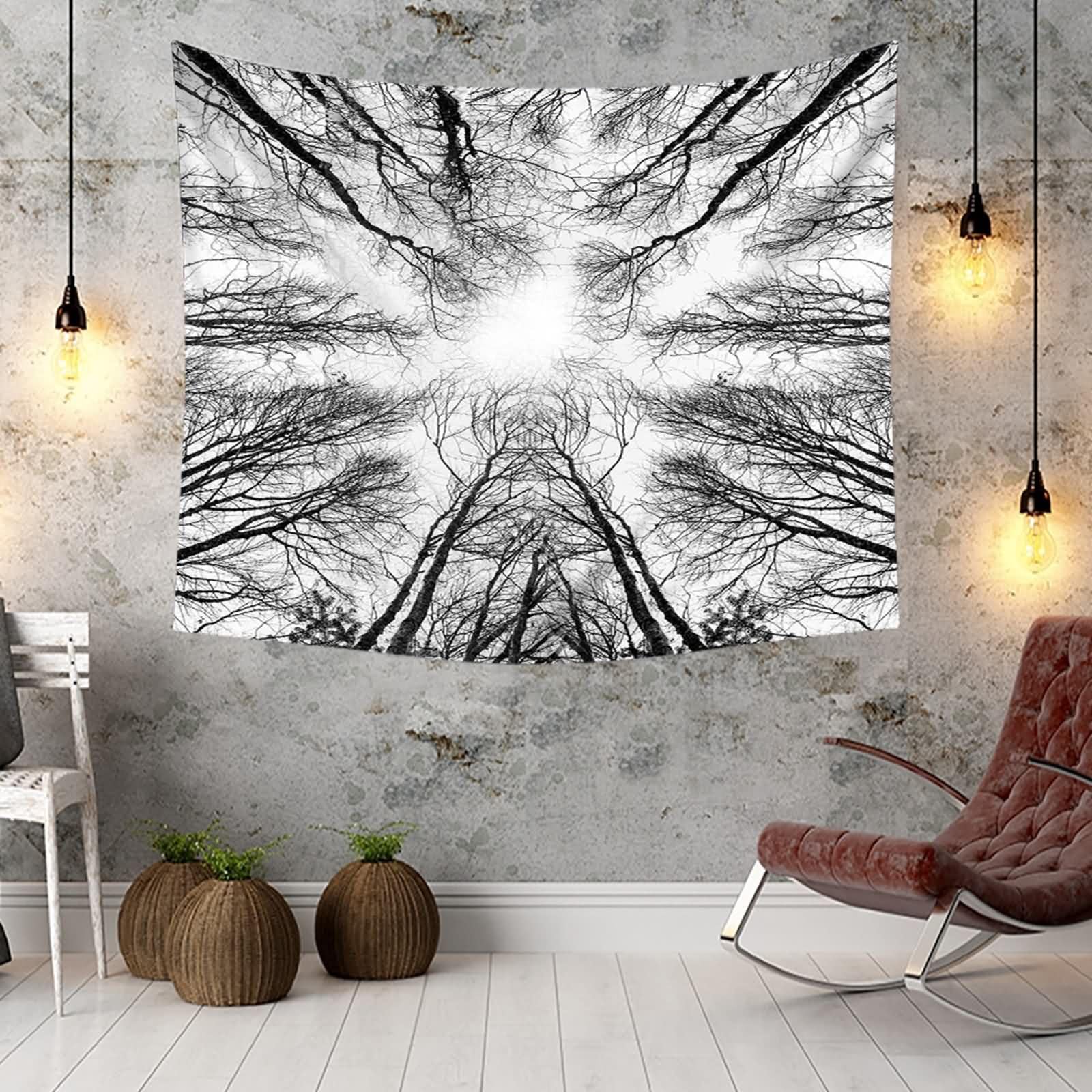 Homxi Wandteppich Landschaft 260 x 240 CM,Zweig Polyester Wandteppiche Kinderzimmer Deko Schwarz Grau