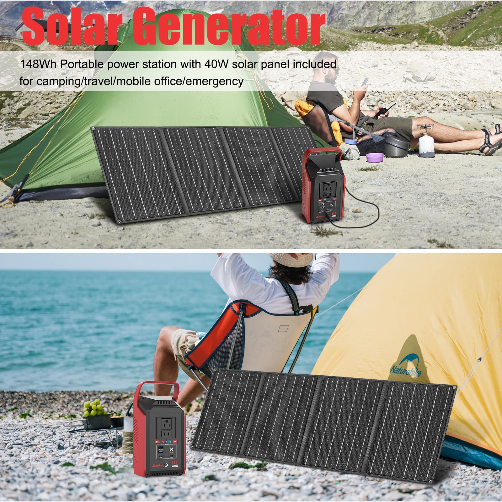 Takki 300W Peak Solar Generator 148Wh with 40W Solar Panel Included Camping Portable Power Station Power Bank with 110V AC Outlet for Home Use Camping Emergency Hurricane — view 3