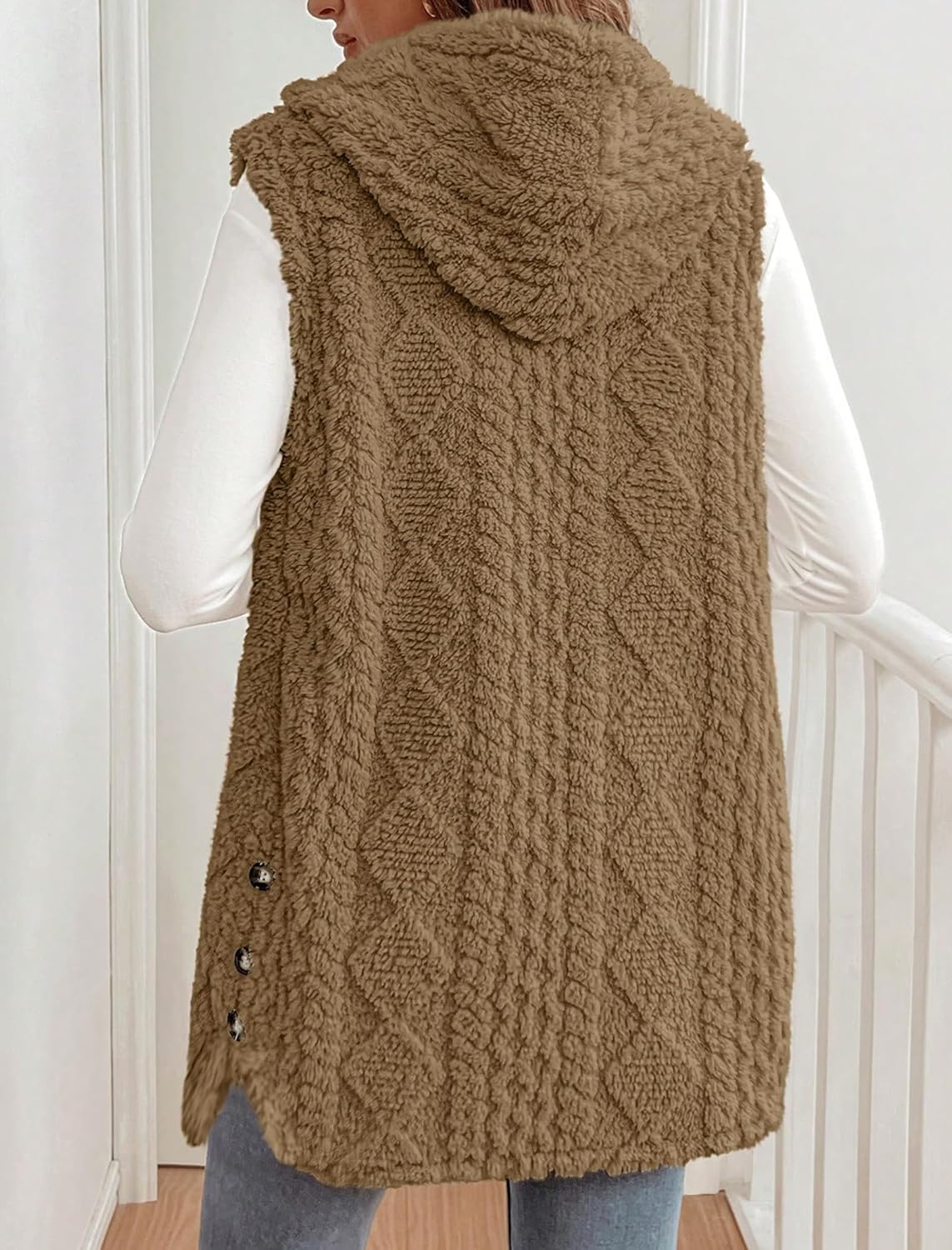 ZAFUL Long Vest for Women Sleeveless Button Down Plush Hooded Vest Winter Outerwear Vest Coat - Image 3