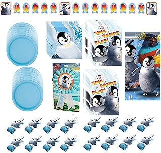 Happy Feet Birthday Party Supplies Bundle Pack includes Plates, Napkins, Table Cover, Birthday Banner, Blowouts, Invitations, Award Ribbon (Bundle for 16)