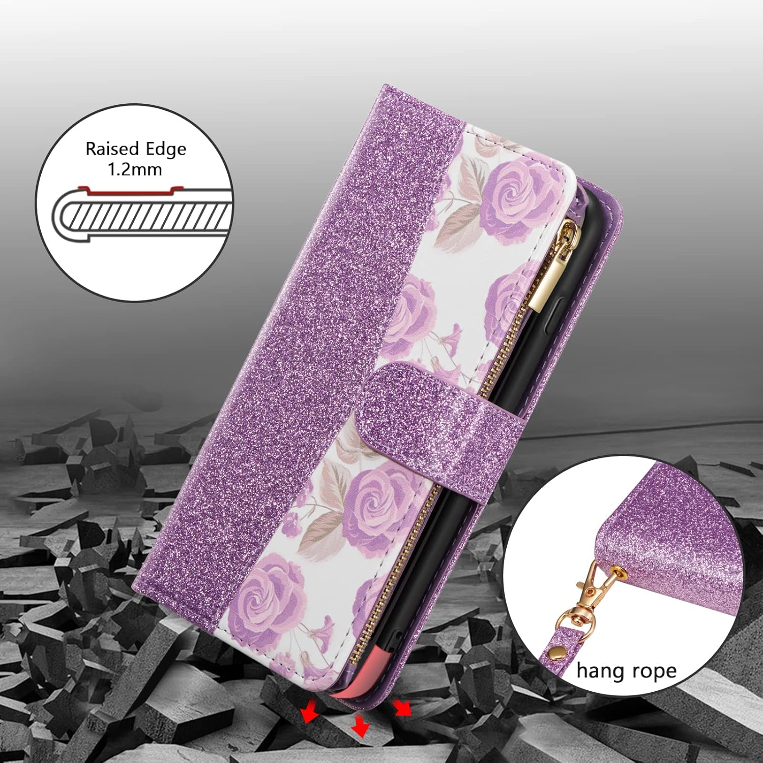 UEEBAI Wallet Case for iPhone 16, PU Leather Wallet Magnetic Closure Handbag Zipper Pocket Cover Kickstand Card Slots with Hand Strap Rose Flip Case for Women - Glitter Purple - Image 6