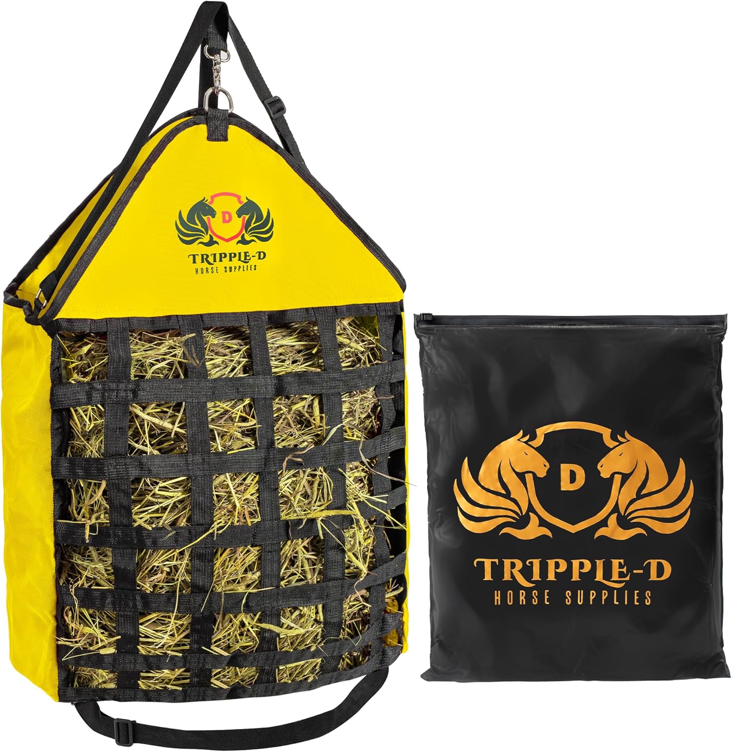 Tripple-D Horse Supplies top Loading Slow Feeder hay Bag, Equipment for Horses & Goats, Durable Strong Material and Nylon Feed net, Holds hay Bales securely, Reduces hay Waste, Nice feeders Storage
