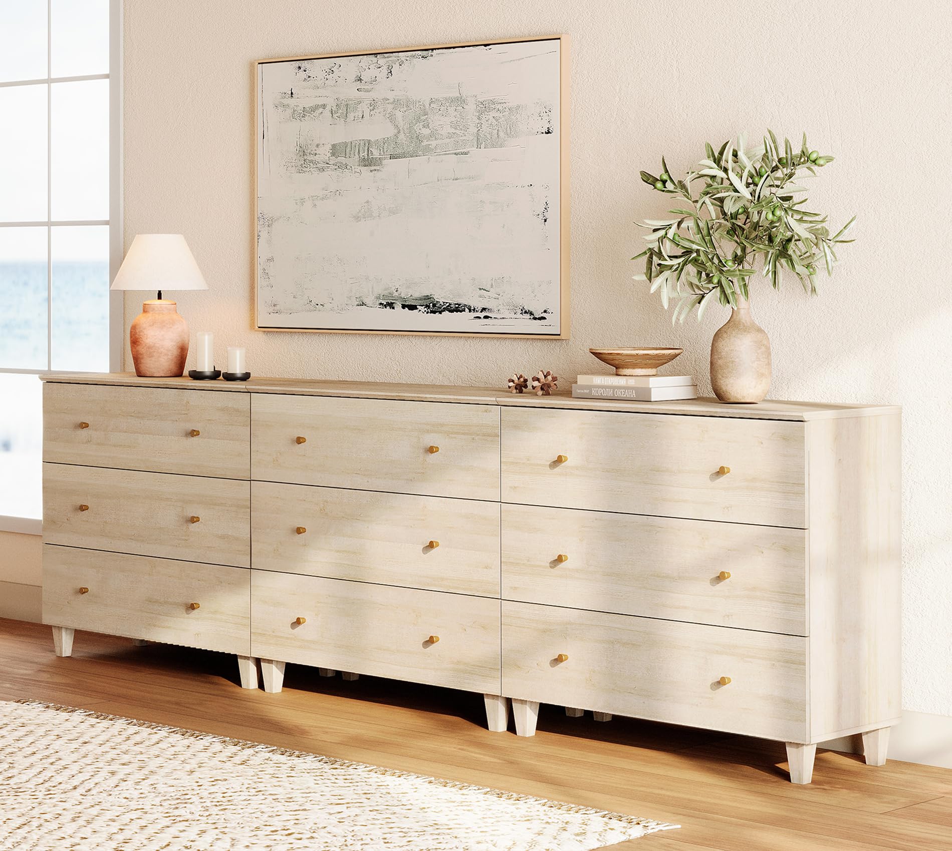 WAMPAT Dresser with 9 Drawers, Bedroom 3-in-1 Wide Wooden Chest of Drawers, Modern Long Dressers Closet Storage Organizer w/Solid Wood Legs for Living