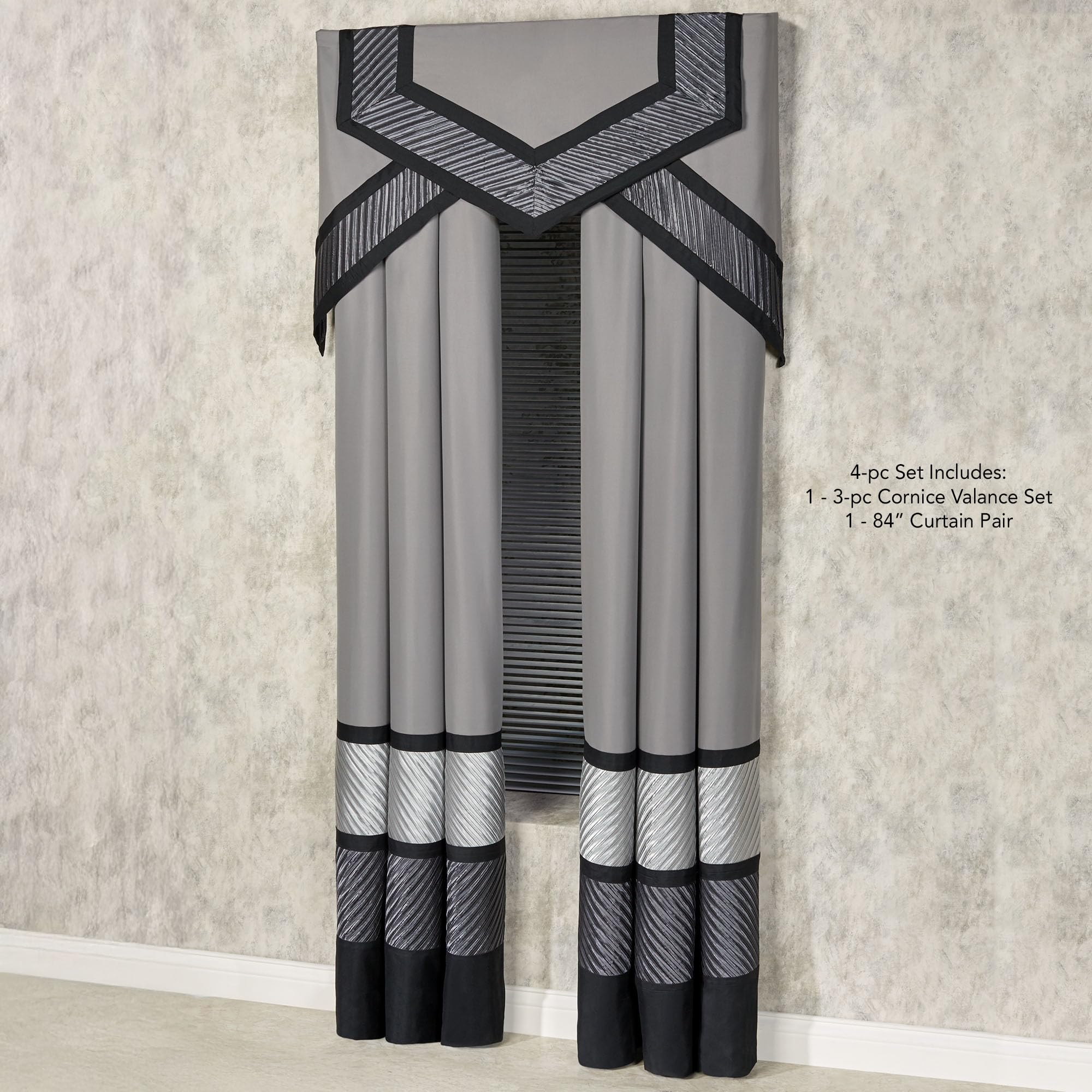 Omega Contemporary Luxury Window Treatment | Sophisticated | Silver, Gray, Charcoal, Black | Pleated | Silky Polyester Satin | 4 Piece Set: 84L Curtain Panel Drapery Pair and Cornice Valance Set