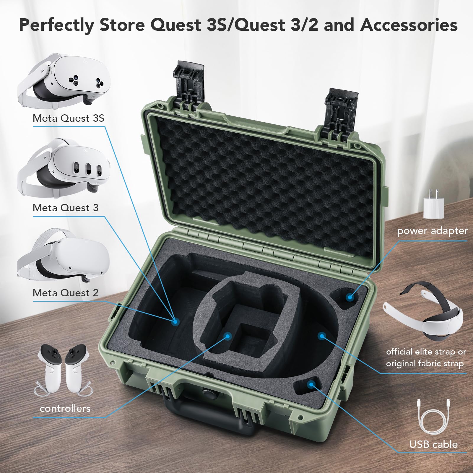 Lykus Titan OQ200 Wasserdicht Tasche Koffer Case (Grün) für Quest 3S/Quest 3/Quest 2, passend für das offizielle Elite-Riemen, besserer Schutz [NUR Koffer]