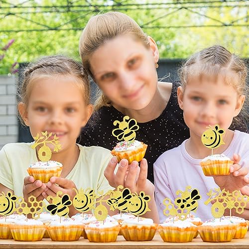 Miniatura 5 de Rsstarxi Paquete de 30 adornos para cupcakes de abejorros con purpurina, panal, abeja, cupcakes, decoración de pasteles para baby shower, temática
