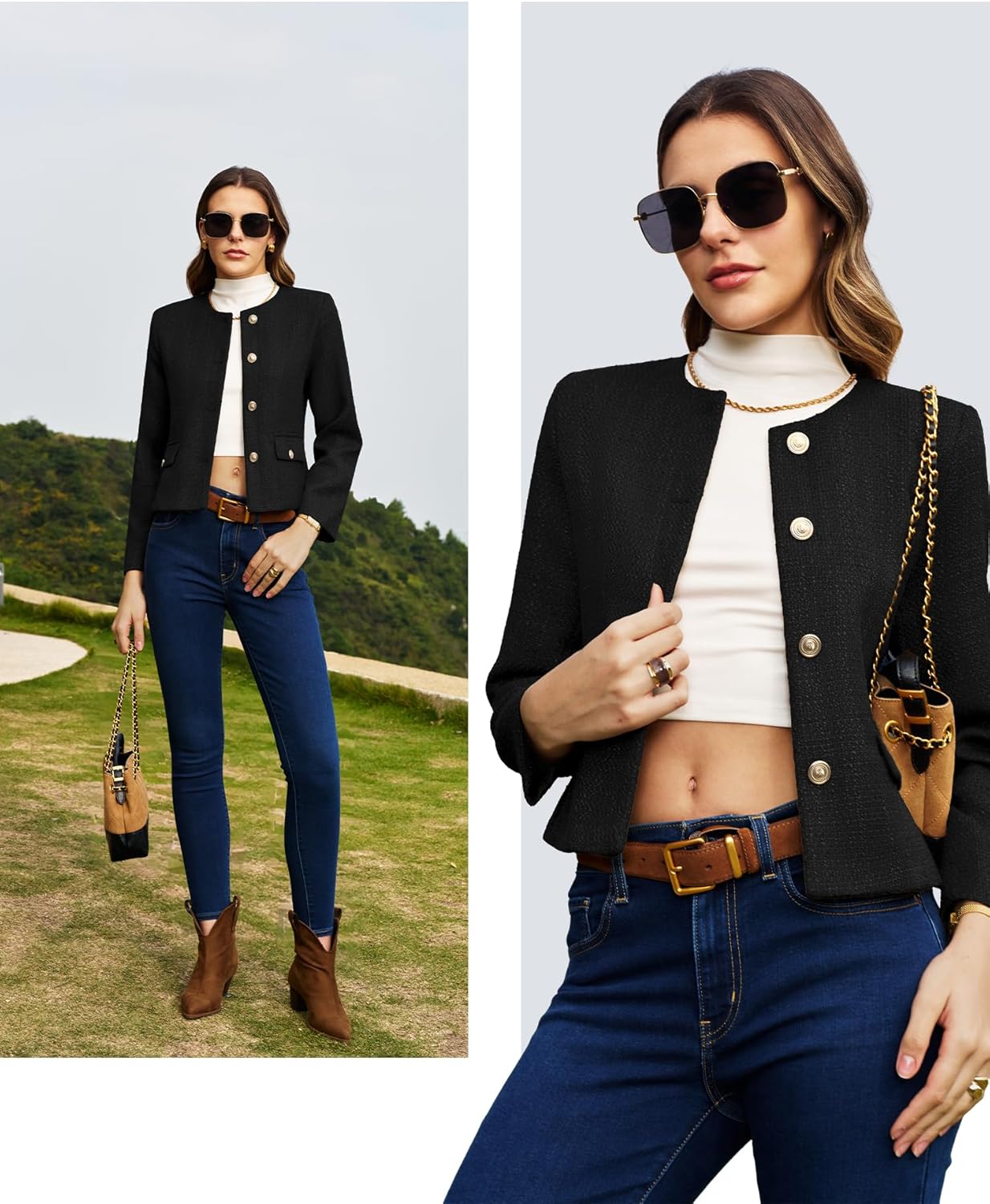 ELLEVEN Women's Cropped Tweed Blazers Collarless Button Down Jacket Business Casual Outfits with Flap Pockets - Image 6