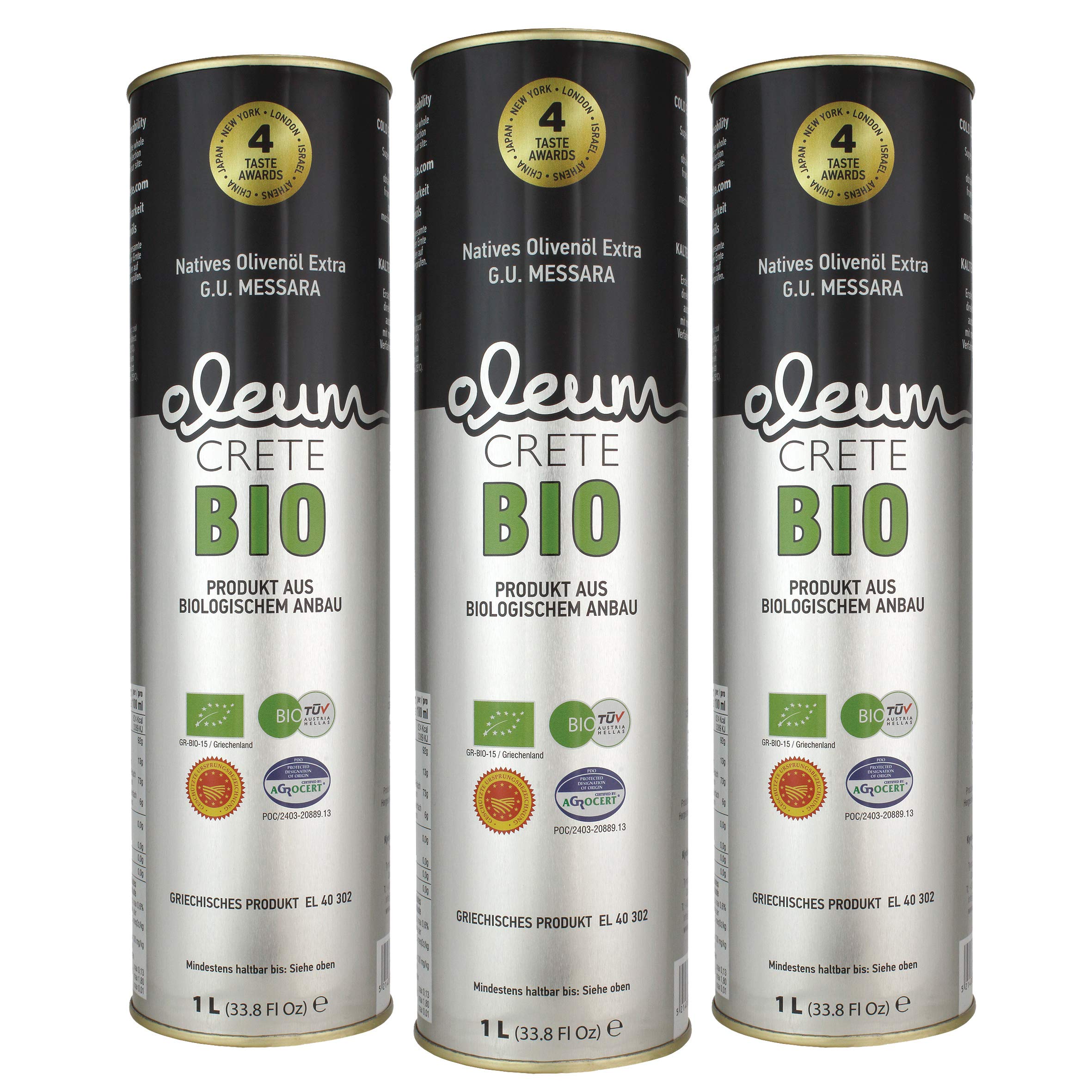 Oleum Crete BIO P.D.O. Messara/Timbaki/Kreta 3 x 1000ml herzhaftes-fruchtiges Olivenöl von Kreta. Hersteller mit über 92 internationalen Auszeichnungen. Sortenrein aus der Koroneiki-Olive.