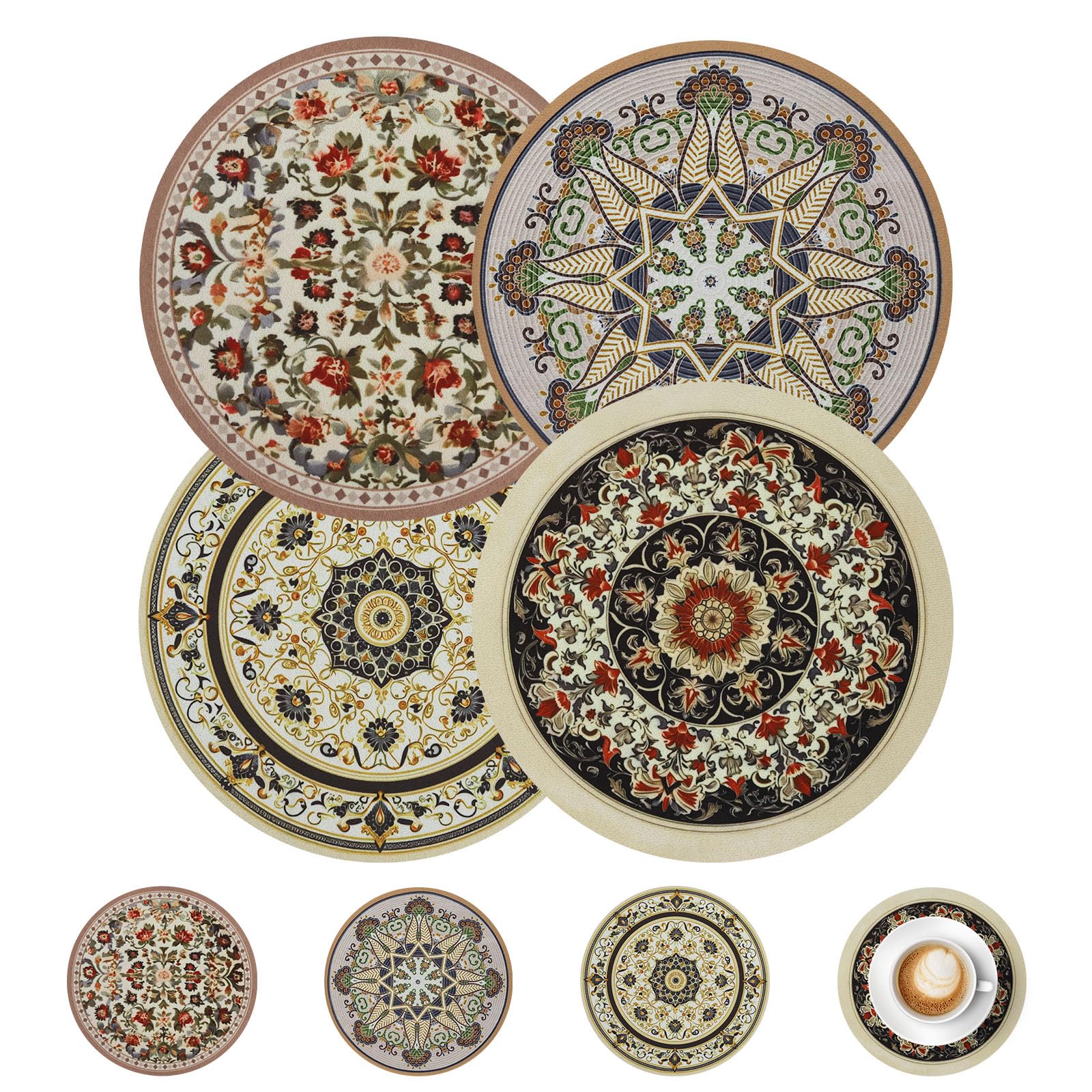 comfoyar Boho Round Placemats Set of 4 with 4 Coasters, 22cm Non-Slip Rubber Bohemia Place Mats, Vintage Style, Washable Absorbent Rustic Table Mats for Kitchen Dining Party Table Decoration