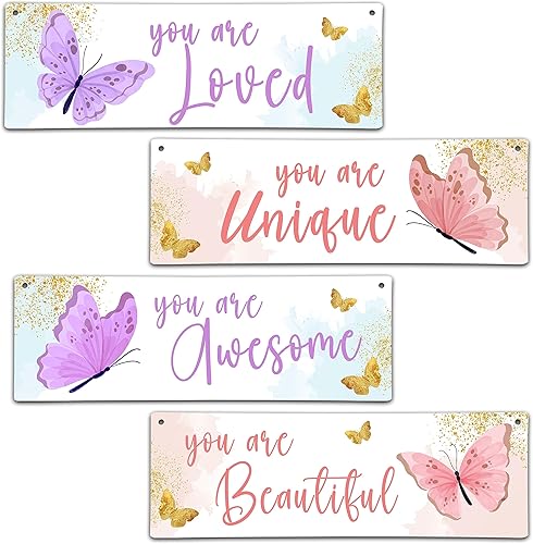 4 piezas de decoración bohemia de arcoíris para habitación de niñas, 11.8 x 3.9 pulgadas, diseño de mariposas bohemias, letrero de madera, arte de