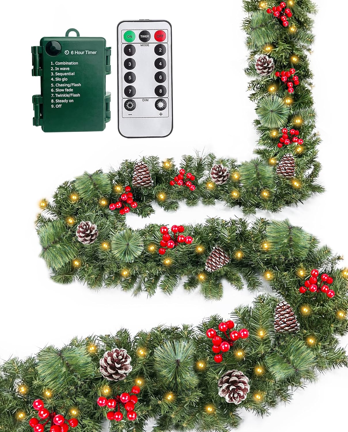 ( incomplete missing remote control) Remote Control - 18FT Long Prelit Outdoor Christmas Garland 100 Warm White & Colorful Lights Timer 8 Modes Thick 490 Branches 15 Pinecone 165 Berry Christmas Cedar Garland for Stairs Porch Front Door 18 FT Spruce Green(Warm & Color Switch Lights)